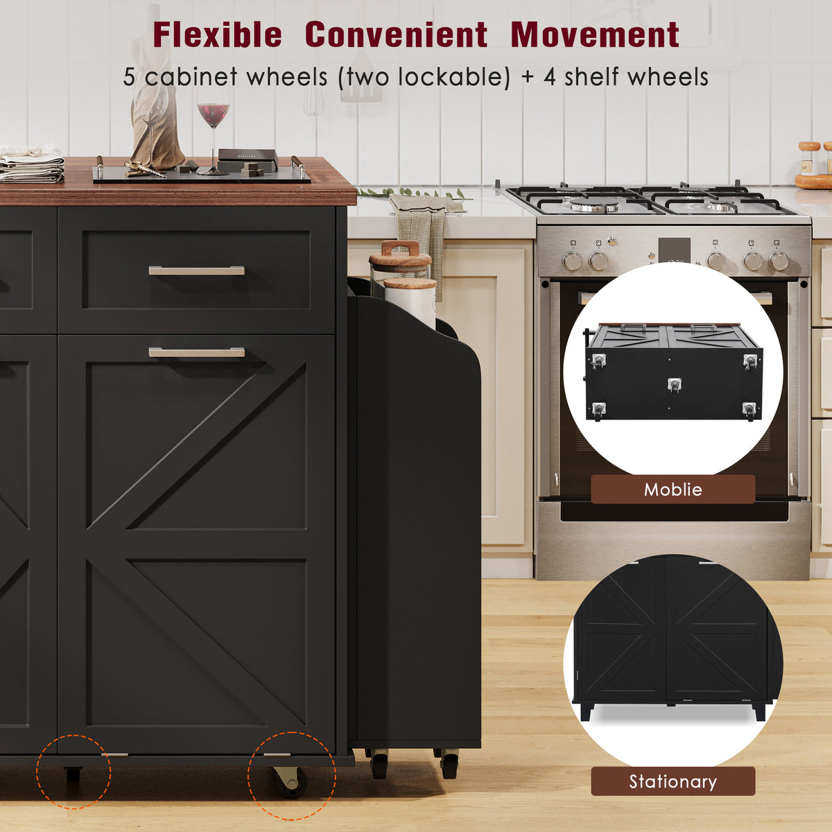 variant-group:rf-n707p307296b|Roomfitters 47.2" Farmhouse Kitchen Island with Drop Leaf, Tilt Trash Can Cabinet, Removable Mobile Side Racks, Black