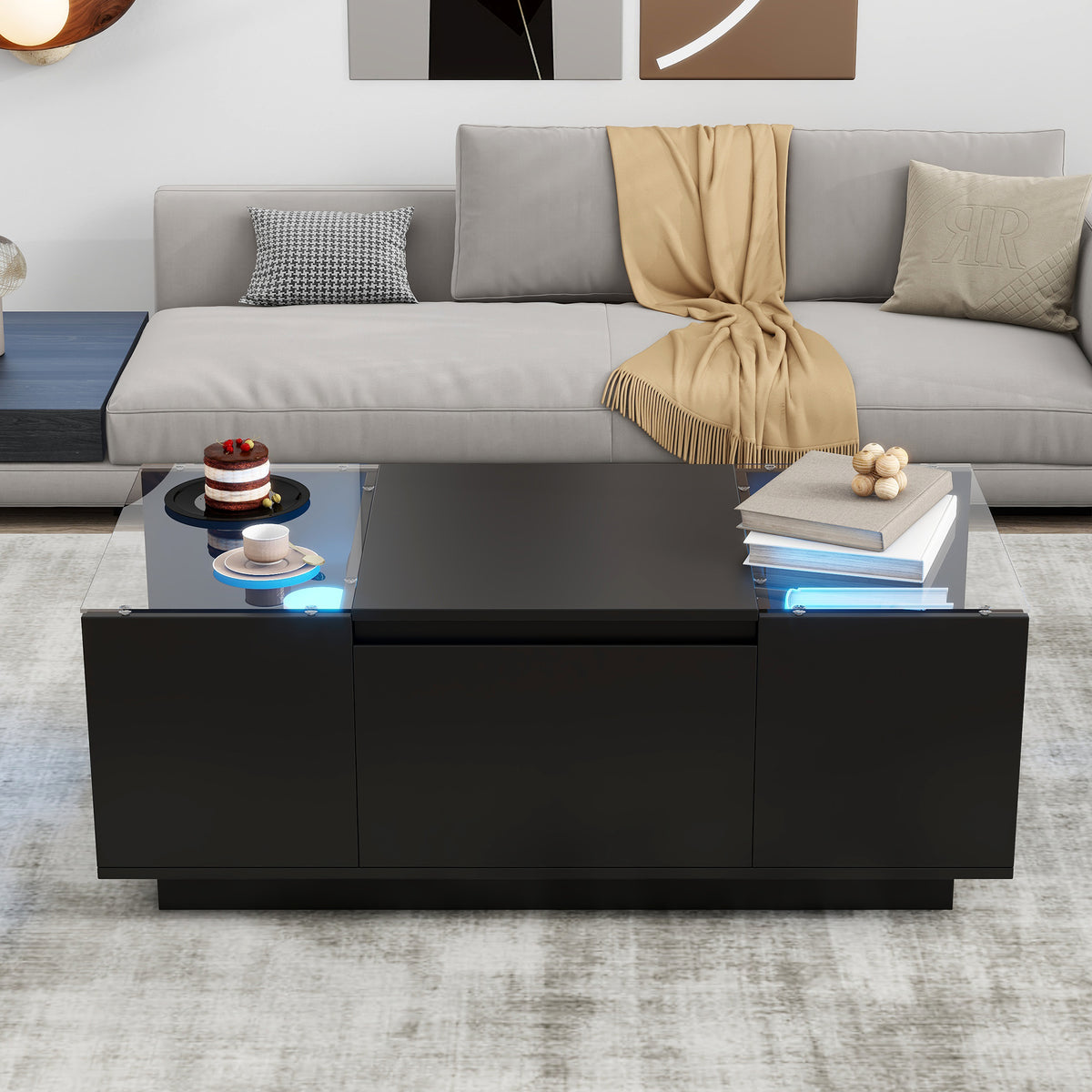 variant-group:rf-n724p290056b|Roomfitters Modern Center Coffee Table with High Gloss Finish, Glass Top and Hidden Storage Compartments, Black