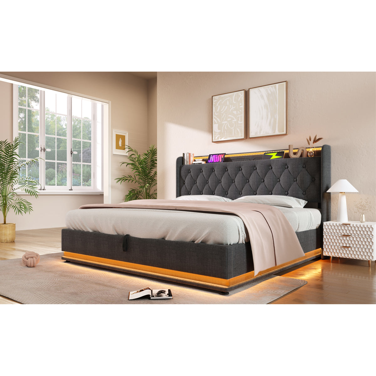variant-group:rf-n736p188806g|Roomfitters Full Size Upholstered Storage Bed with USB Type-C Charging and Remote Control, Linen Gray