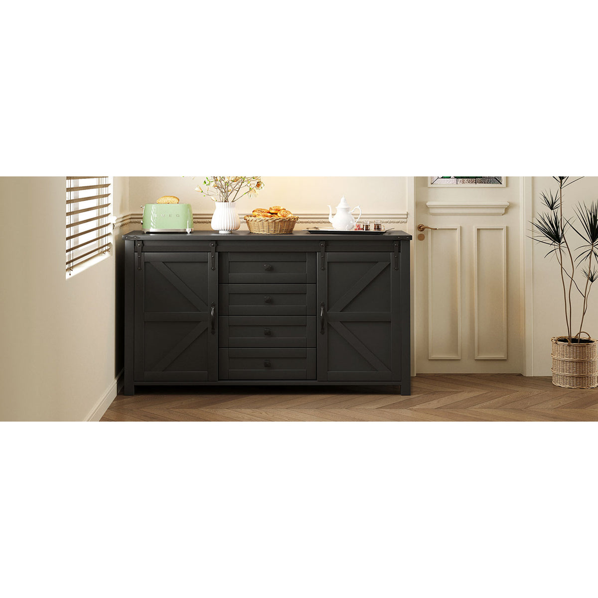 variant-group:rf-n711p347377b|Roomfitters 55.1" Storage Cabinet with 4 Drawers and Sliding Barn Doors, Farmhouse Sideboard Buffet for Kitchen & Dining, Black