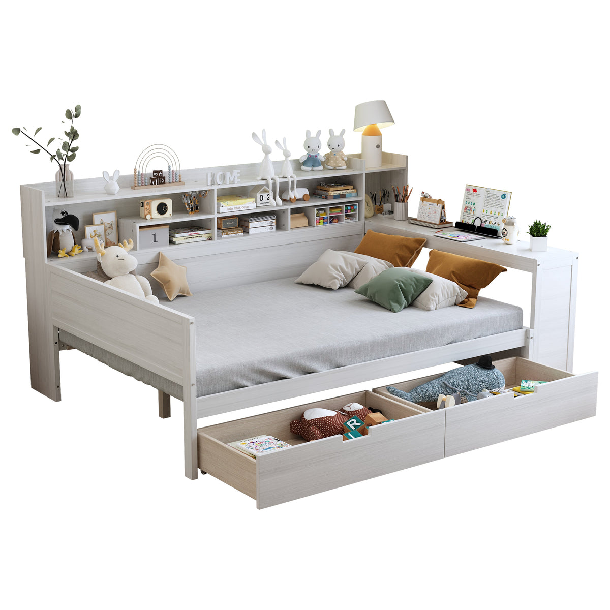 Roomfitters Full Daybed with Storage Shelves, Multi-Functional Bed with Drawers and Study Desk, Antique White