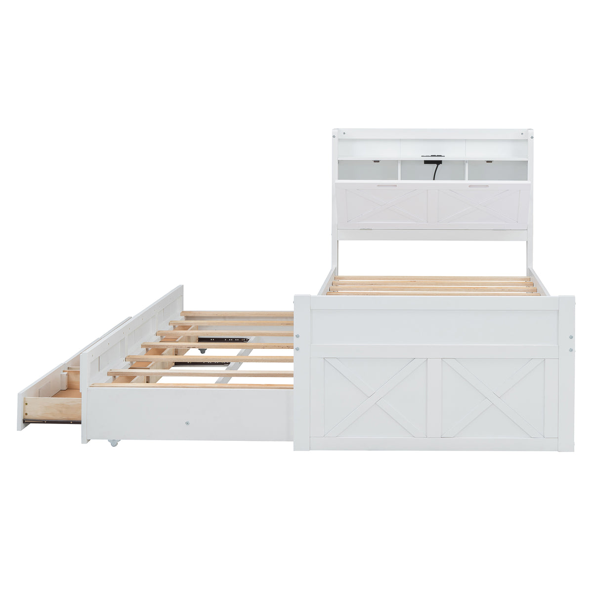 variant-group:rf-n733s172839k|Roomfitters Twin Size Wooden Bed with Storage Headboard, Functional Outlets, Extendable Frame with Twin Trundle and Smart Storage, White