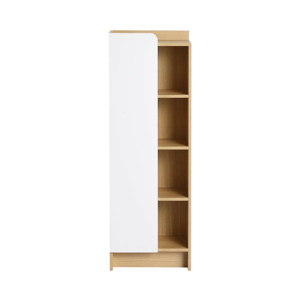 16" Tall Light Oak Freestanding Bathroom Side Cabinet, Narrow Storage Cabinet with Single Door & 4-Tier Open Shelves, KD (Ready-to-Assemble), Dual-Color Door Panels (White & Black), Plywood Constructi