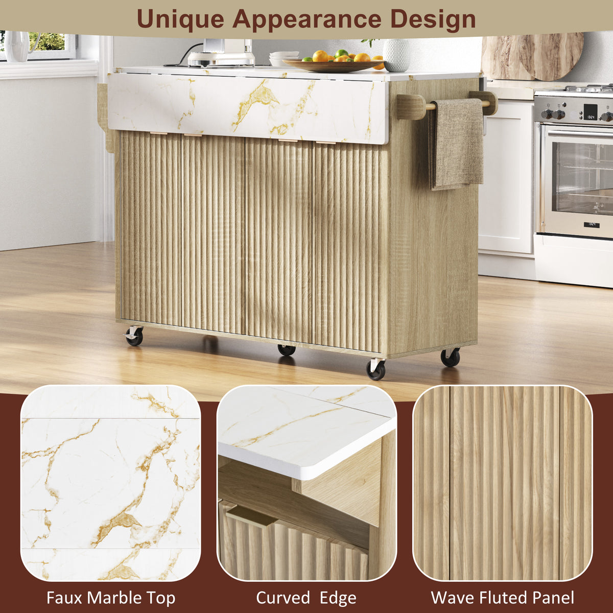 variant-group:rf-n707p353934y|Roomfitters 55.5" Fluted Kitchen Island with Double Drop Leaf, Natural Storage Cart with Power Outlet & Faux Marble Top