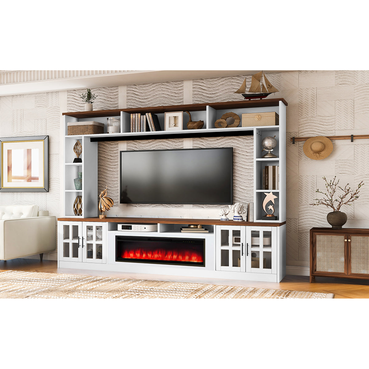 variant-group:rf-n724sj000159aak|Roomfitters 95.5"W Large Wall Unit Entertainment Center, 39" LED Fireplace, White & Walnut