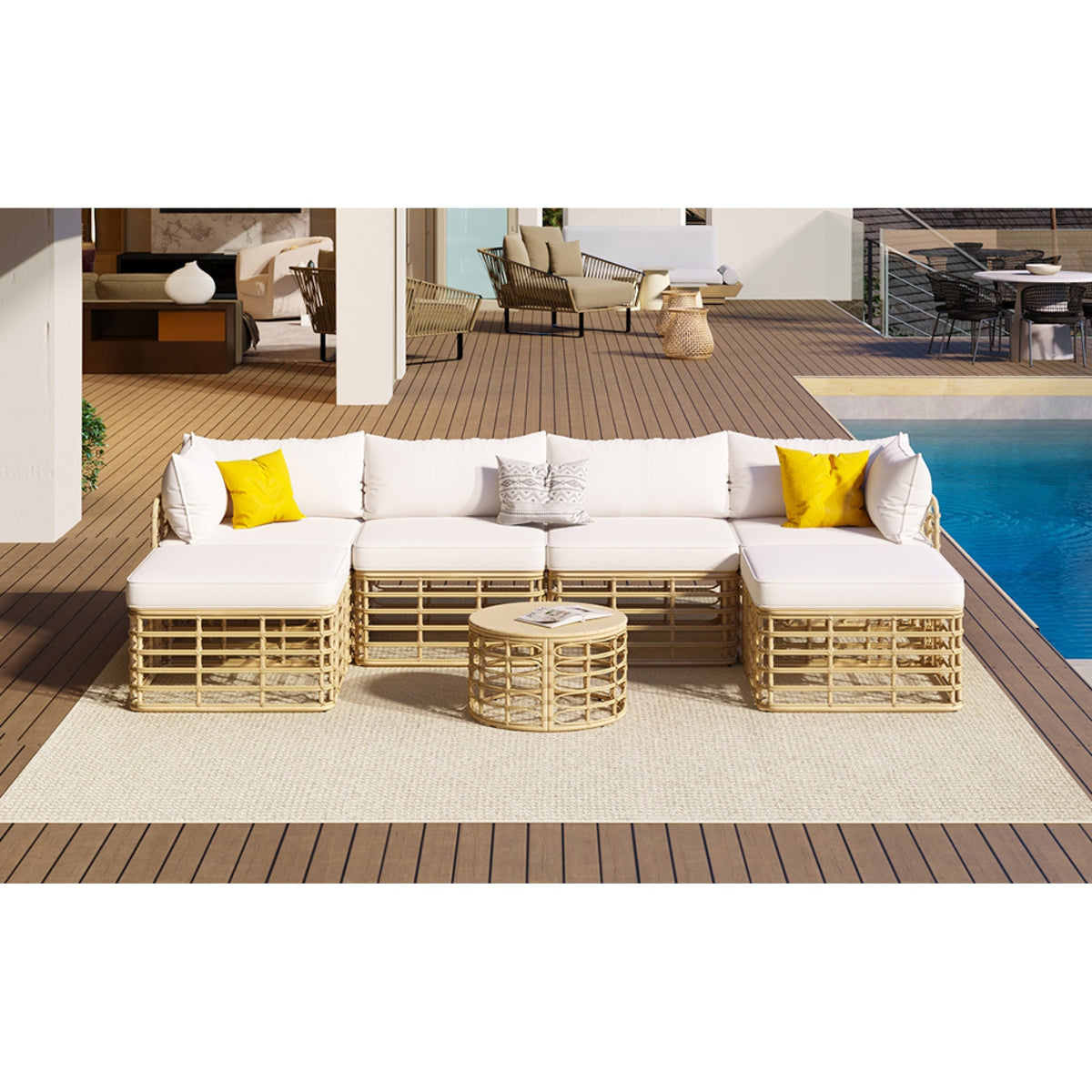 Roomfitters 7 Pieces Outdoor Patio Furniture, All-Weather Rattan Sectional Sofa Set with Thick Cushions and Pillows, Freely Combined Conversation Sets for Garden, Backyard, Balcony, Beige Roomfitters