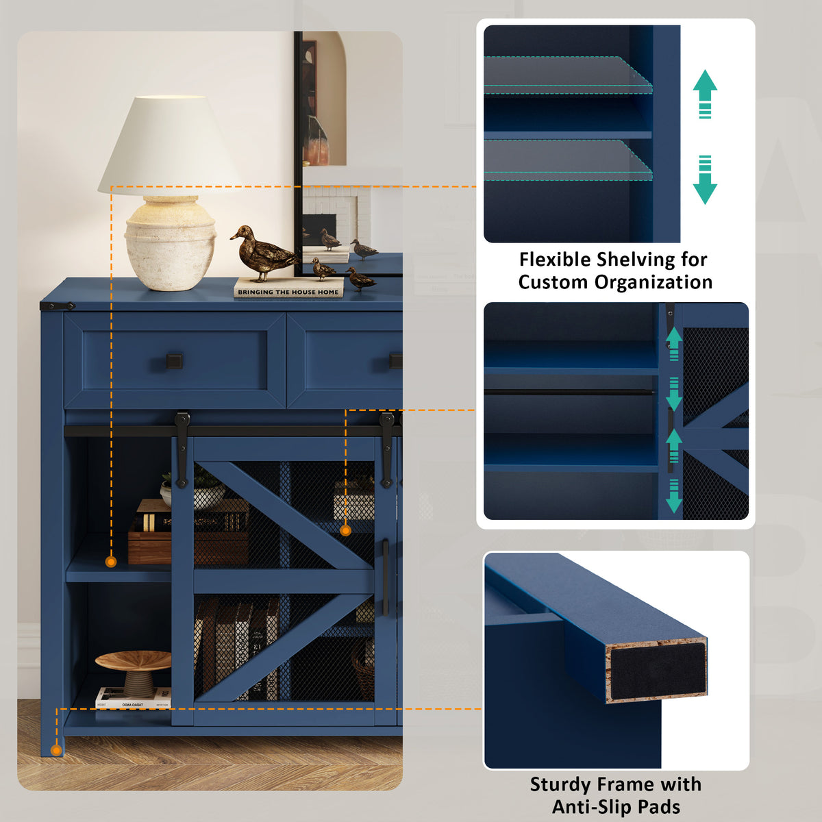 variant-group:rf-n711p347384v|Roomfitters 55" Sideboard Buffet Cabinet with 3 Drawers & Sliding Barn Doors, Farmhouse Storage for Kitchen & Dining, Navy Blue