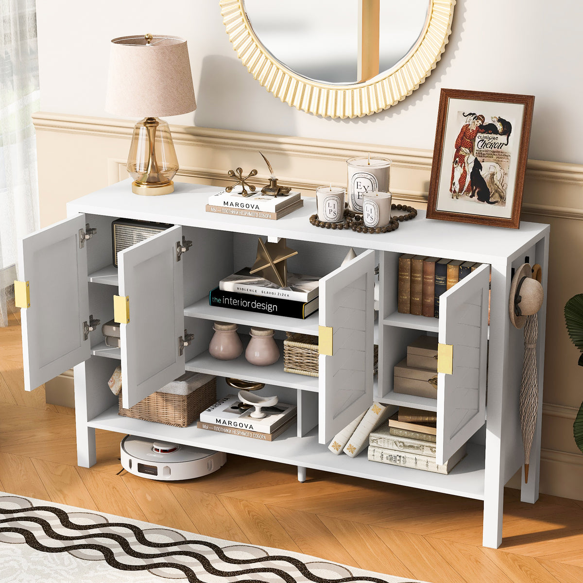 variant-group:rf-n711p345165k|Roomfitters Sideboard Buffet Cabinet with 4 Door Mid-century Modern Geometric Storage and Open Shelf for Kitchen & Dining, White