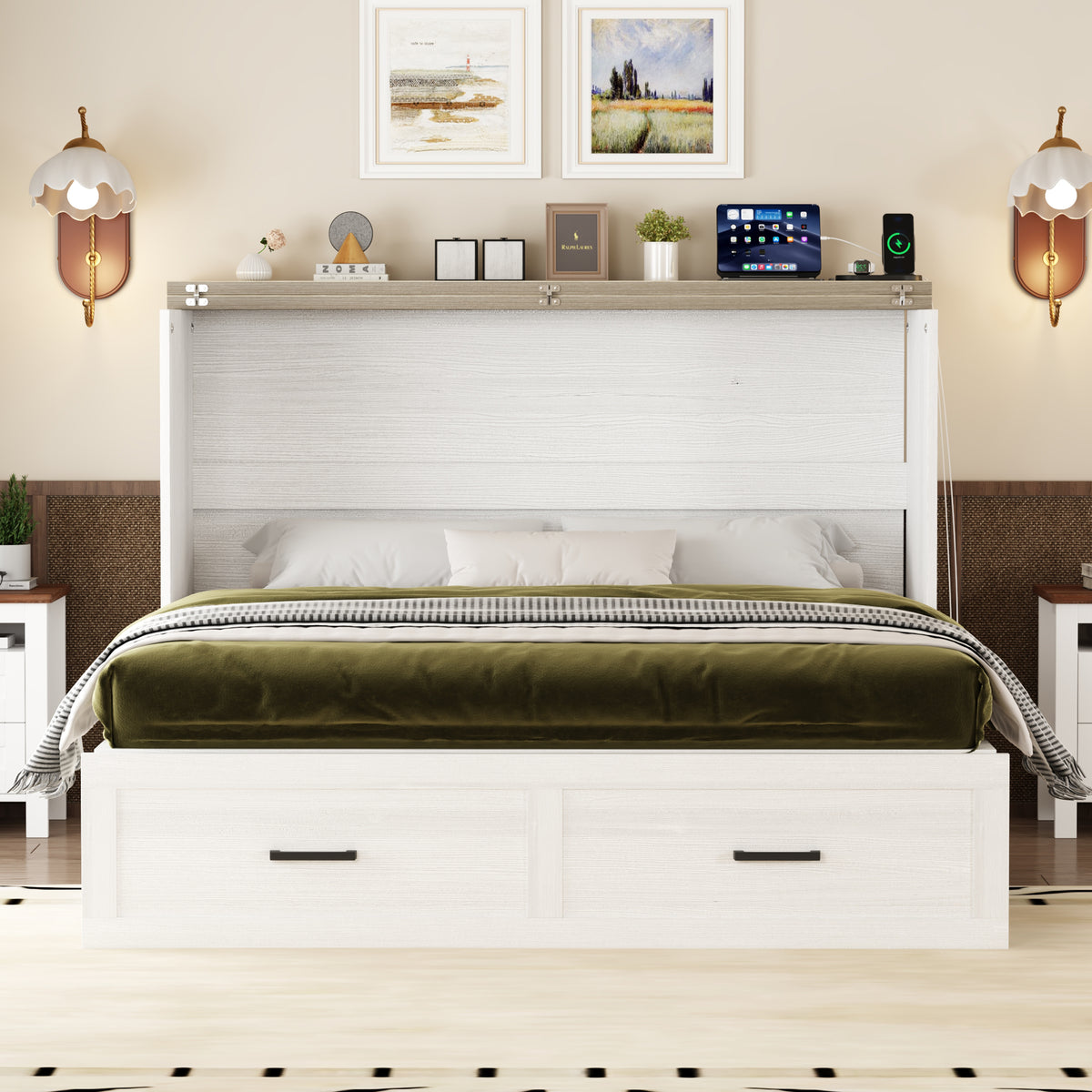 variant-group:rf-n733s237837w|Roomfitters Queen Size Farmhouse Murphy Cabinet Bed with Charging Station, Foldable Platform Bed with Large Storage for Guest Room, Small Bedroom, White