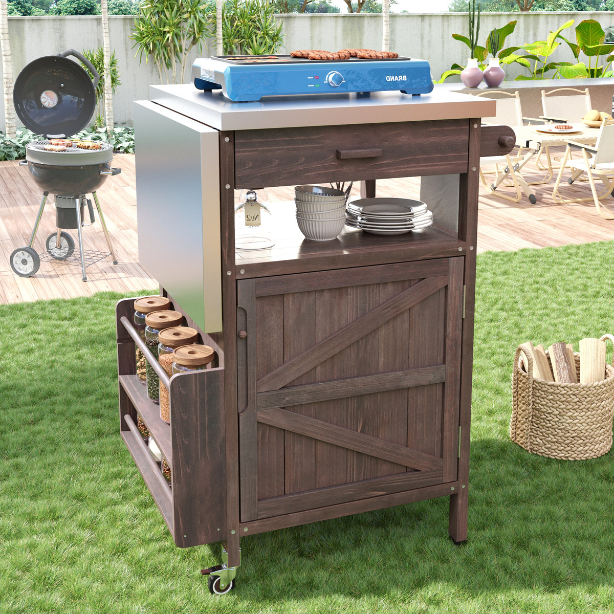 variant-group:rf-n707p228272z|Roomfitters 40.5" Outdoor Grill Cart with Stainless Steel Top, Wood Storage Cabinet, Drop Leaf, Rolling Cart, Brown