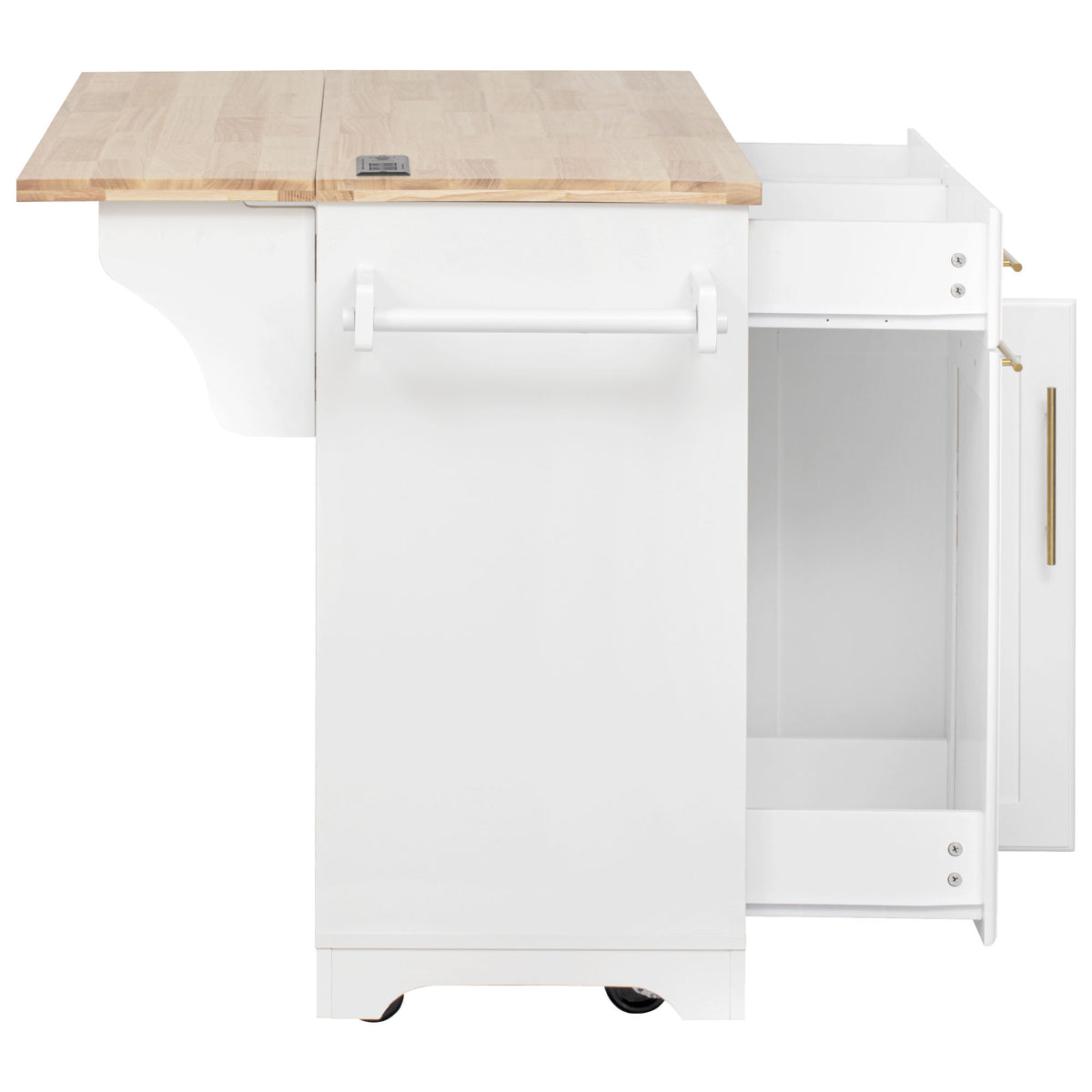 variant-group:rf-n707s299014w|Roomfitters 59.3" Kitchen Island with Power Outlet, Drop Leaf and Double Trash Can Pull Out, Rolling Cart, White