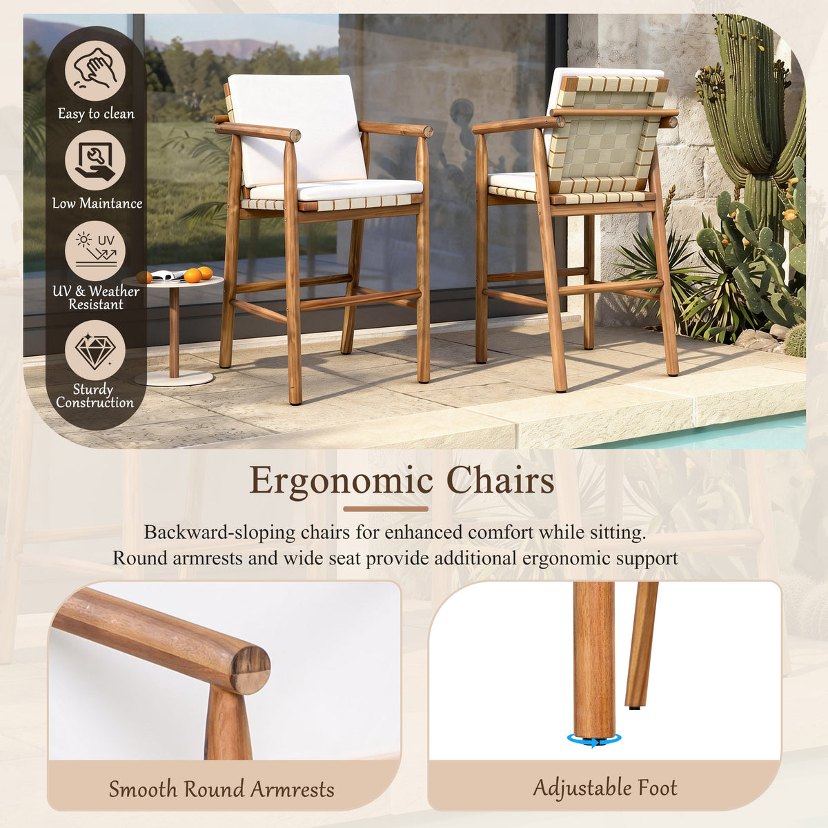 Roomfitters Set of 2 Outdoor Bar Stools with Beige Cushions, Natural Wood High Chairs for Patio Balcony Kitchen, Natural Roomfitters