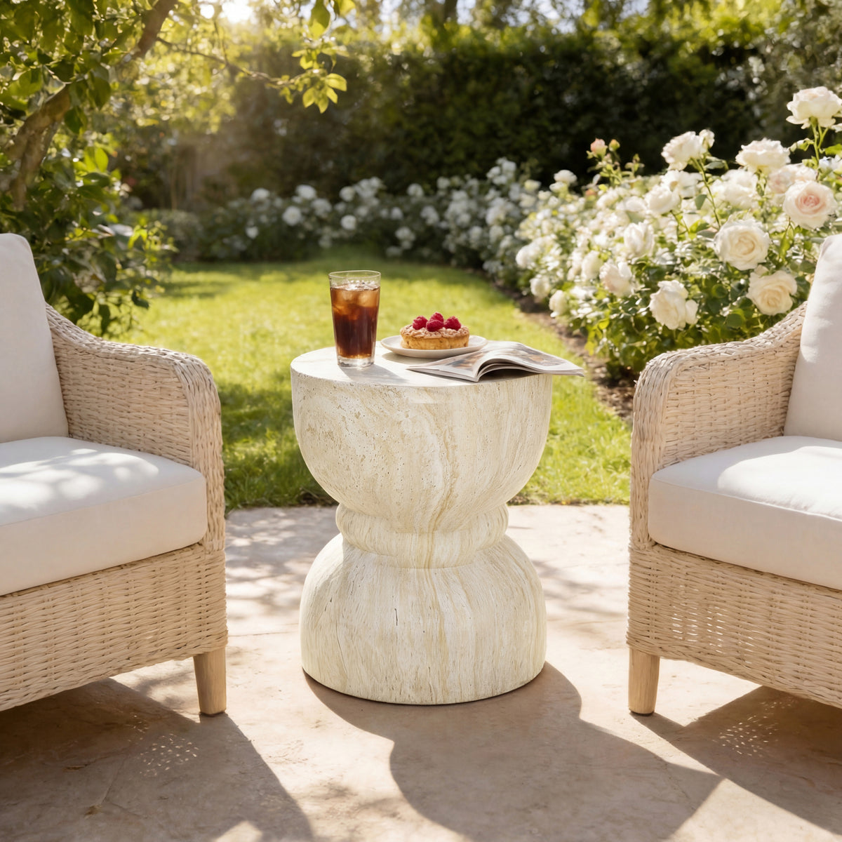 variant-group:rf-n711p422067m|Roomfitters Contemporary Yellow Travertine Concrete Side Table, Rounded Waist Outdoor End Table, MgO Stone Texture Stool