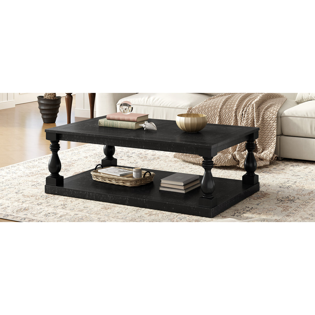 variant-group:rf-n711p407149b|Roomfitters Vintage Black Pine Wood Coffee Table, Sculpted Vase Column Leg Cocktail Table, Living Room Statement Stand