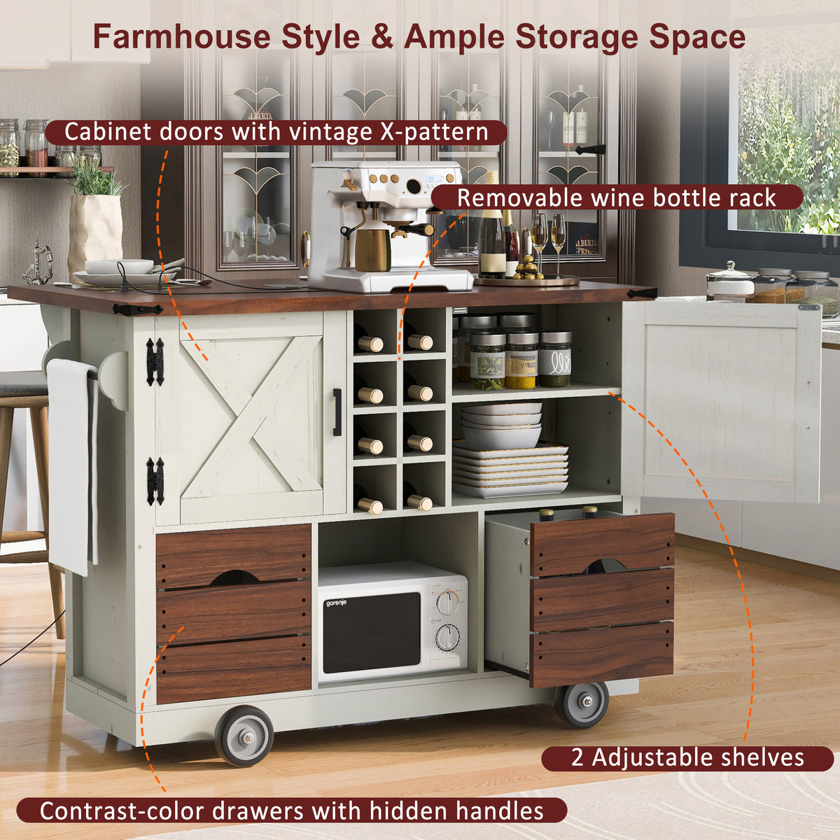 variant-group:rf-n707p349814w|Roomfitters 54" Farmhouse Kitchen Island with Drop Leaf, Power Outlet, Wine Rack, 2 Drawers, 2 Doors, White