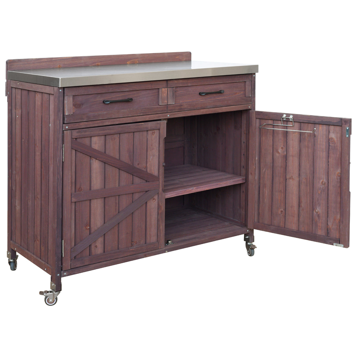 variant-group:rf-n707p370273z|Roomfitters 39.4" Grill Cart, Outdoor Kitchen Island with Stainless Steel Top, BBQ Prep Station with Storage Cabinet, Brown