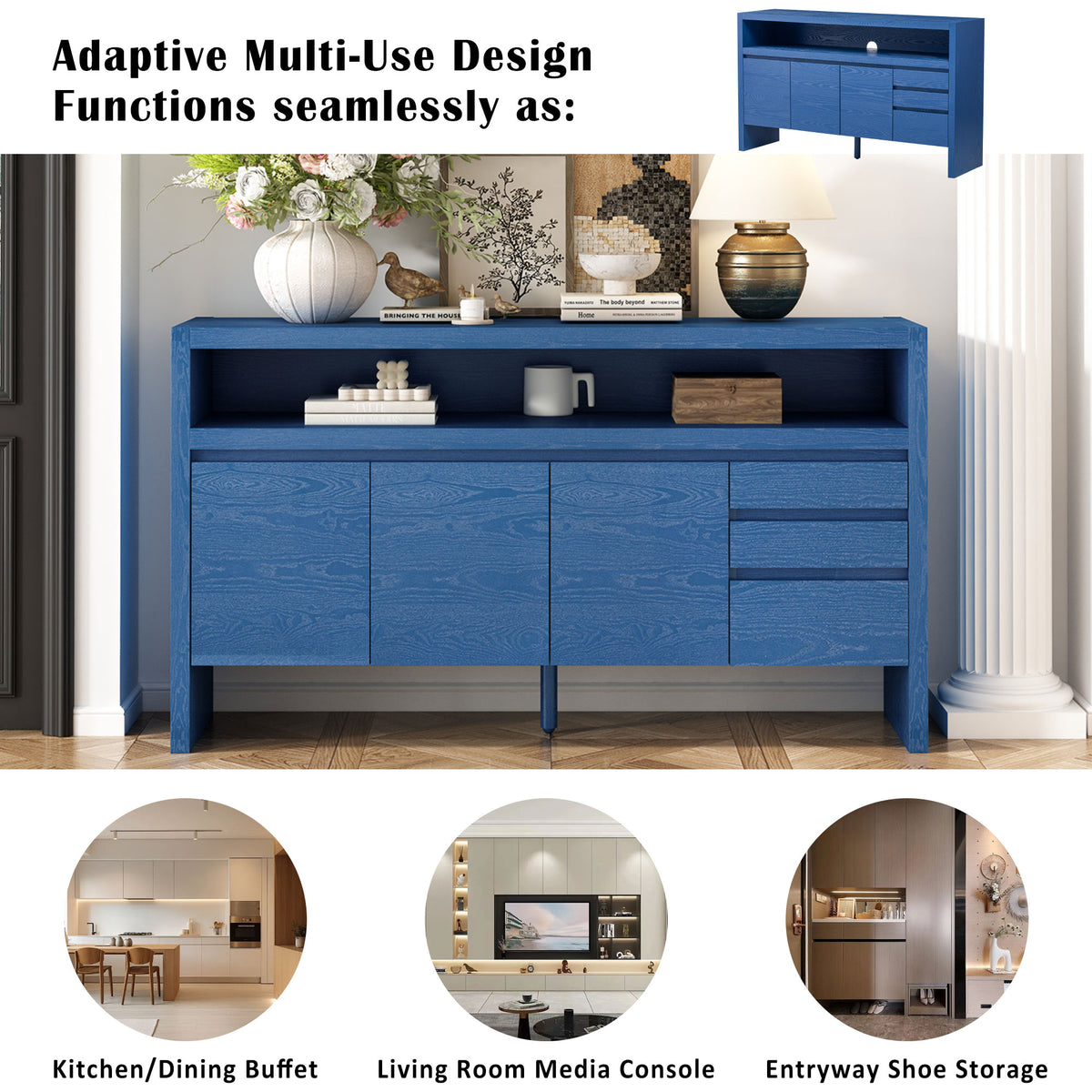 variant-group:rf-n711p289141v|Roomfitters 60" Modern Solid Wood Veneer Sideboard with 3 Doors & 3 Drawers, Open Shelf & Cable Cutout, Large Storage Cabinet for Dining, Hallway, Living Room, Navy Blue