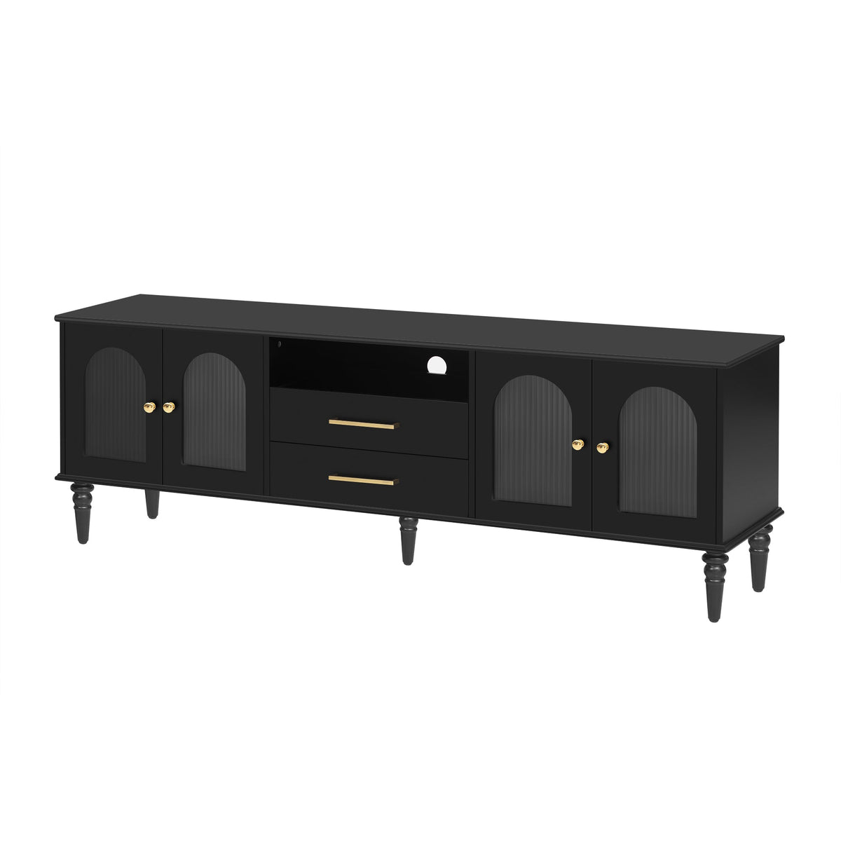 Roomfitters Retro TV Stand for up to 75 Inch TV, Fluted Glass Door Media Console with Five Wood Legs, Black Roomfitters