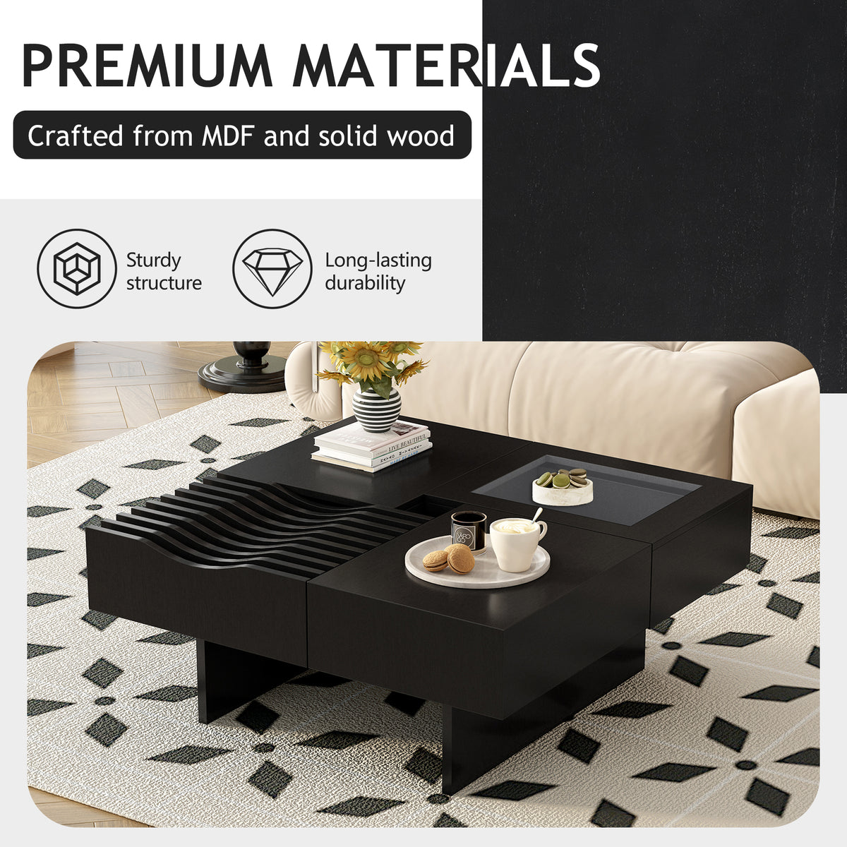 variant-group:rf-n724p270432b|Roomfitters Square Mid-Century Coffee Table with Glass Top and 3 Storage Compartments, Solid Wood Legs, Black