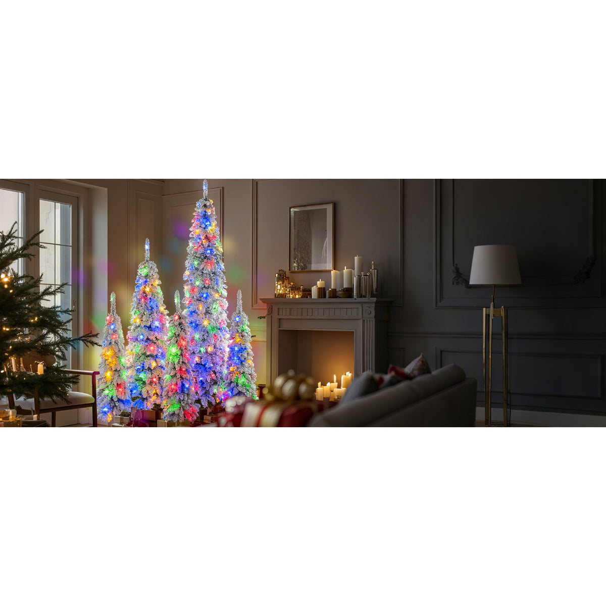 Roomfitters Pre-Lit Pencil Christmas Tree Set 8FT 6FT 4FT, 5-Pack Slim Snow-Flocked Artificial Trees with 1820 Tips, White Roomfitters