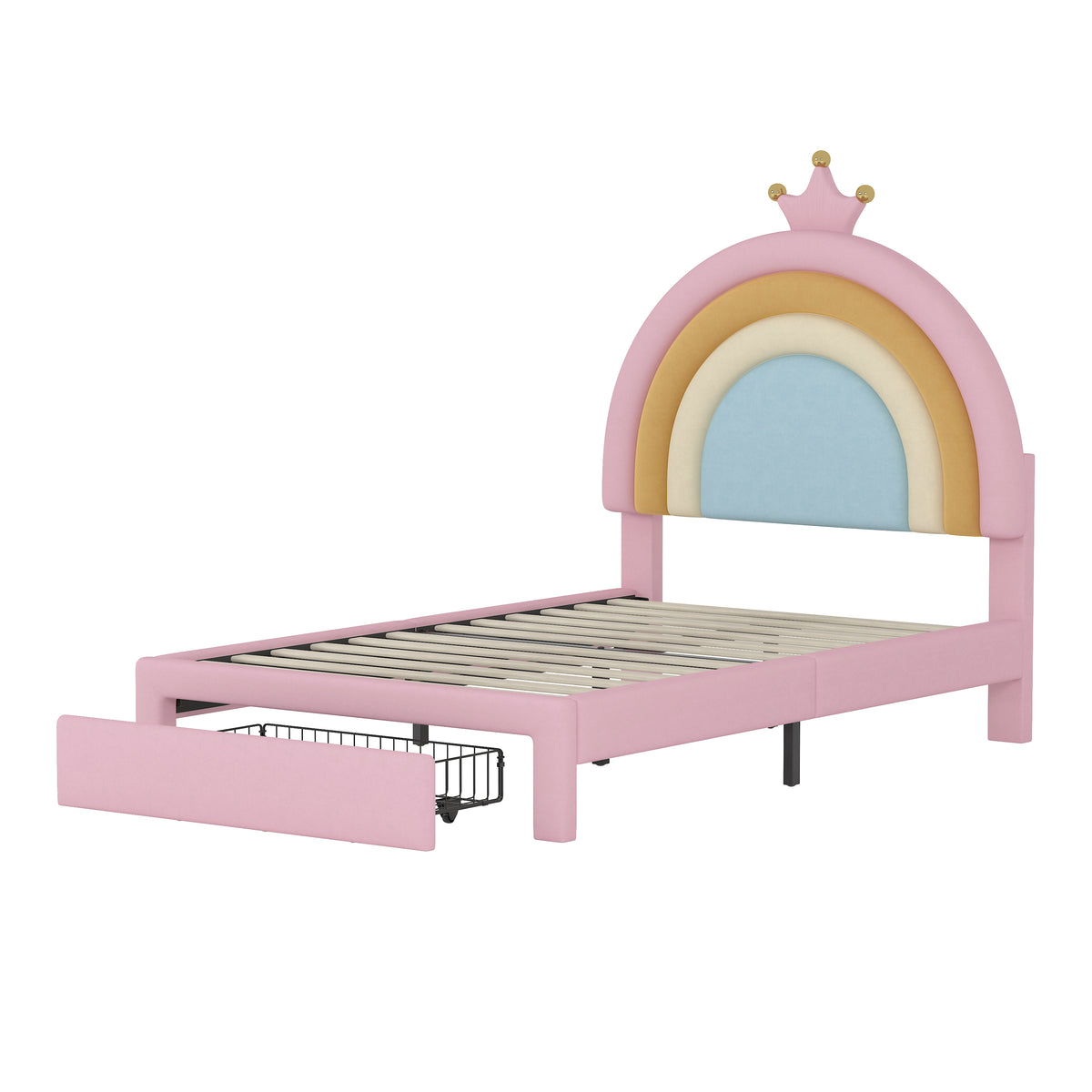 variant-group:rf-n733p234606h|Roomfitters Twin Size Upholstered Rainbow Design Bed, Velvet Princess Platform Bed with Storage Drawer, No Box-spring Needed, Colorful & Pink