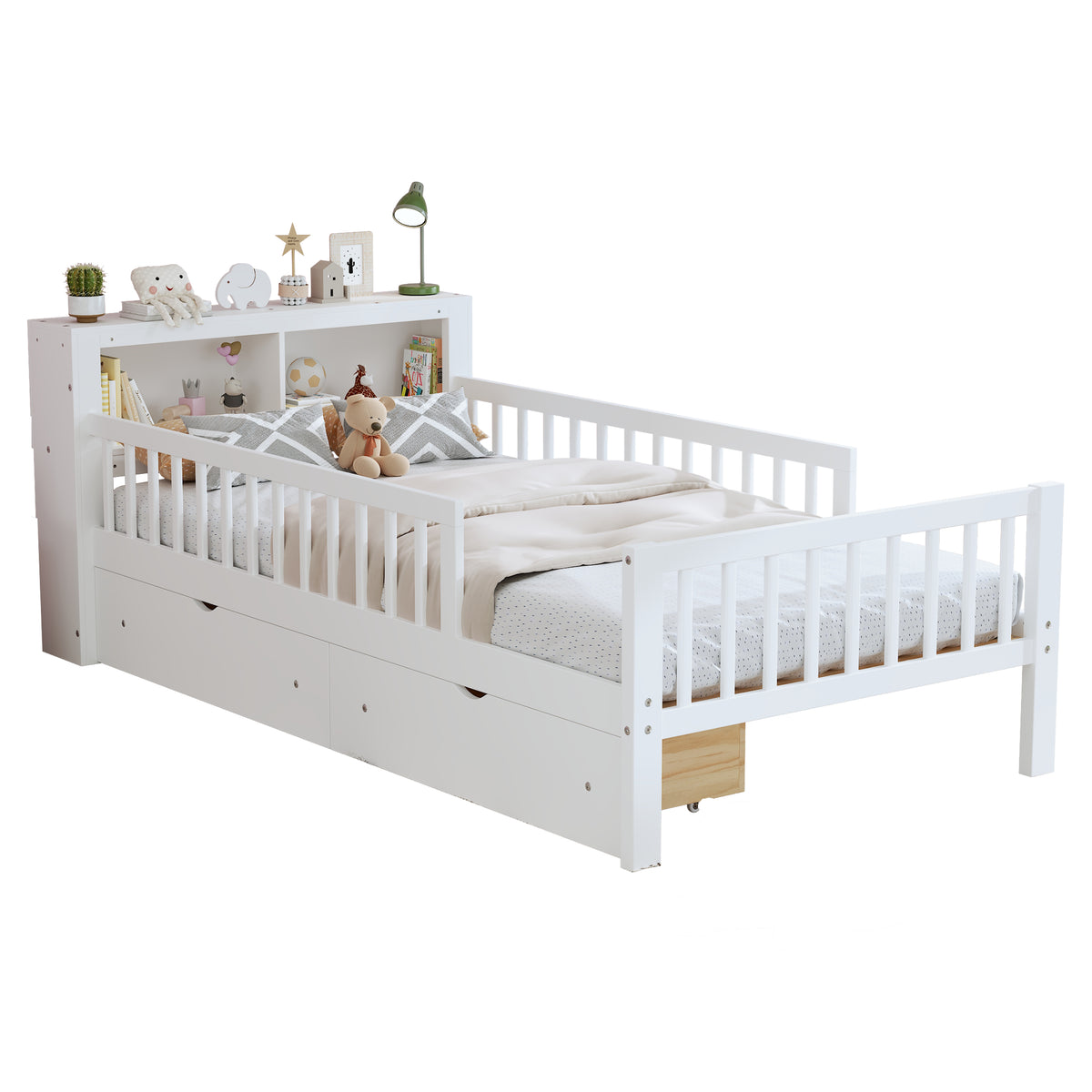 variant-group:rf-n733p272374k|Roomfitters Twin Bed with Headboard Storage Rack, Under-Bed Storage and Three-Side Guardrails, White
