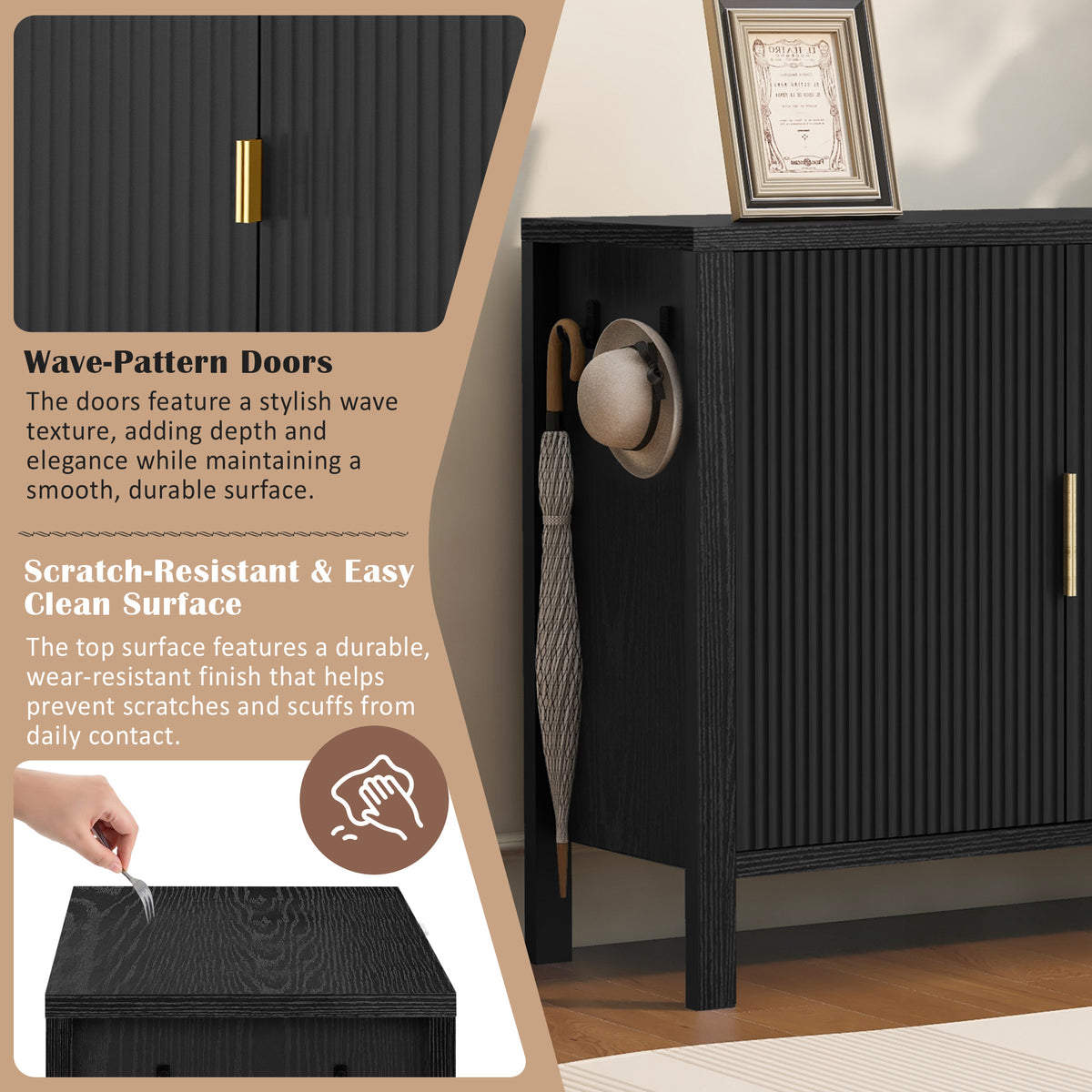 variant-group:rf-n711p345172b|Roomfitters Sideboard Buffet Cabinet with 3 Drawers, 2 Door Mid-century Fluted Accent Storage for Kitchen & Dining, Black