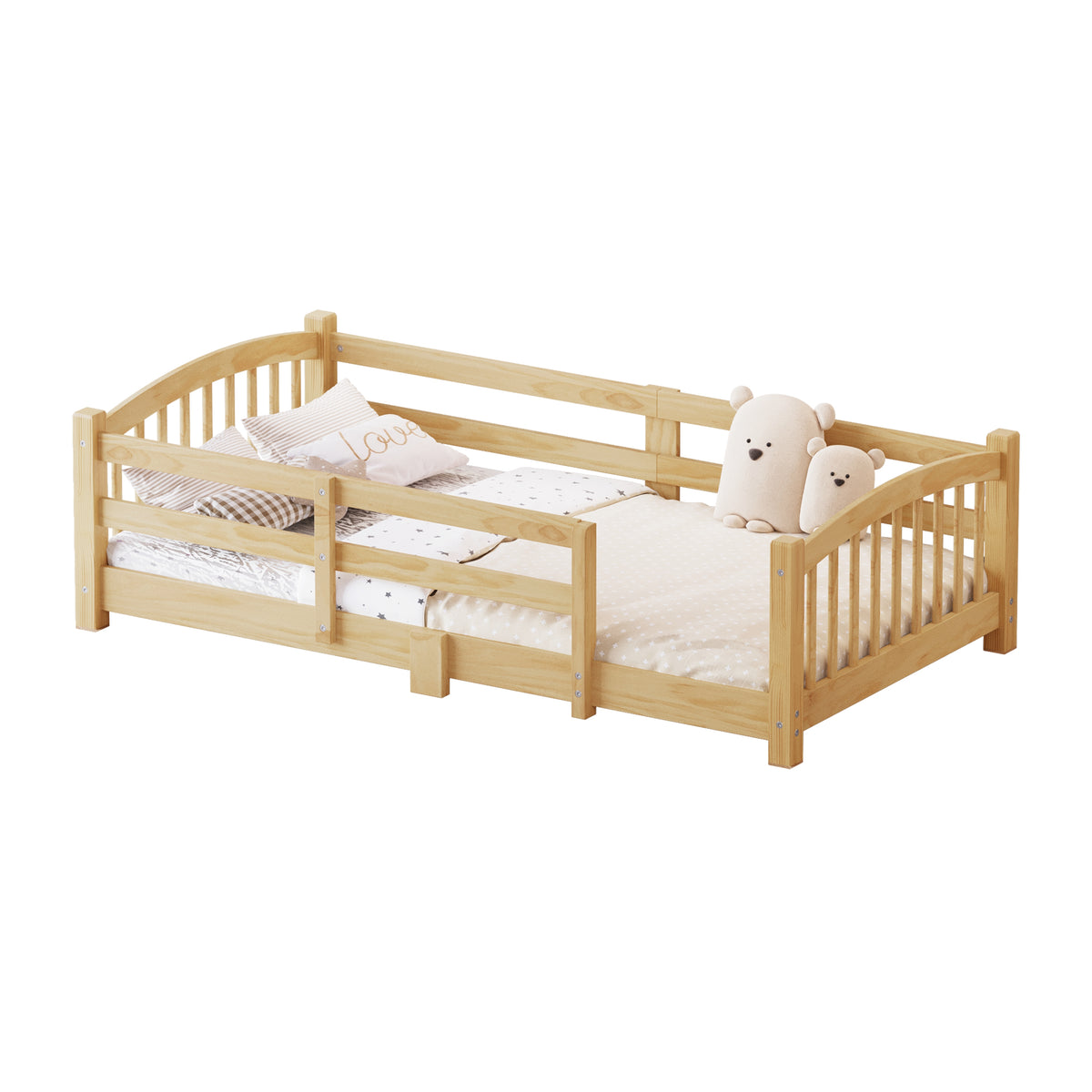 variant-group:rf-n733p400298n|Roomfitters Twin Montessori Floor Bed with Guardrails, Solid Wood Low Platform Bed with Slats, Easy Assembly, Natural