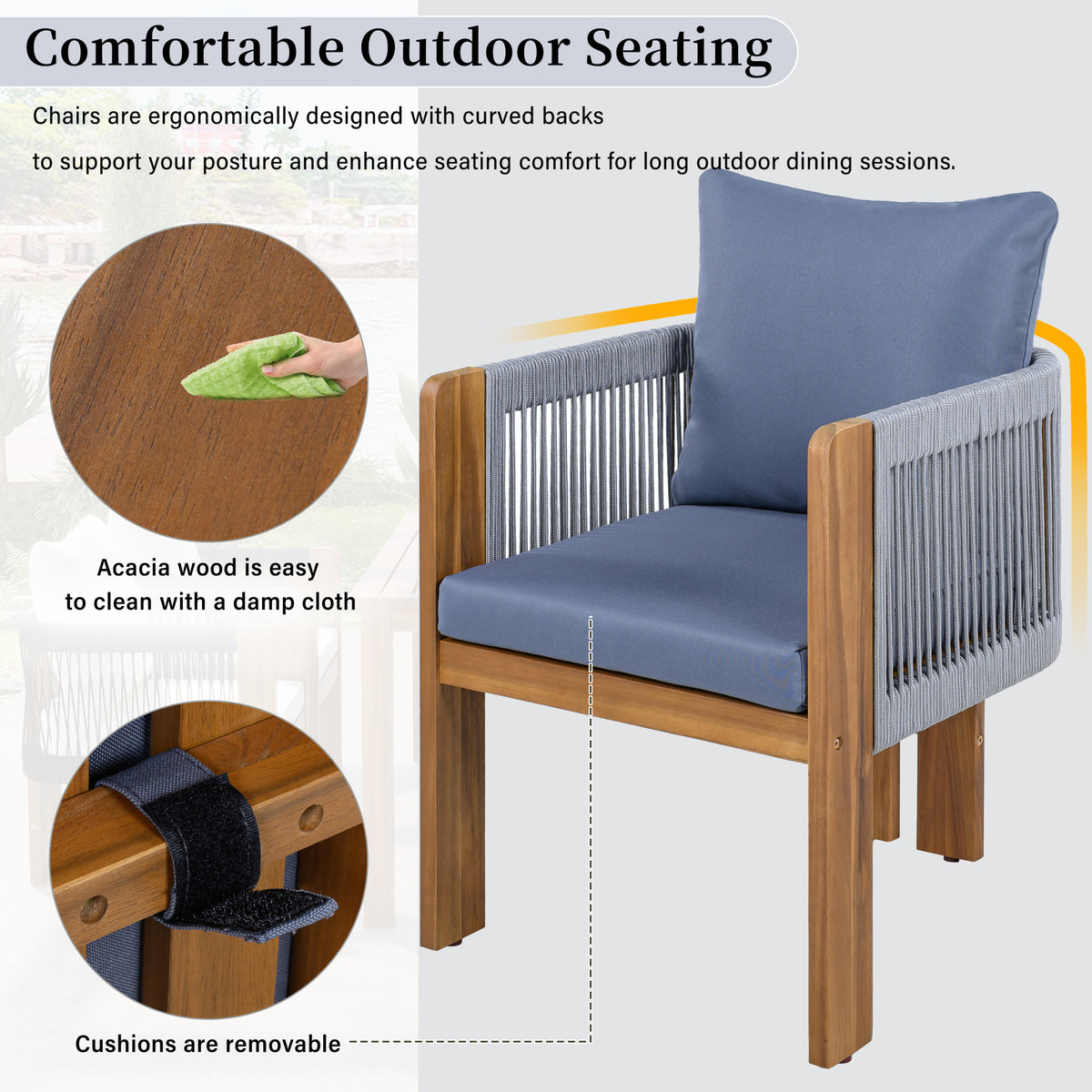 variant-group:rf-n711wy000496aae|Roomfitters 5-Piece Rope Woven Outdoor Dining Set, Farmhouse Solid Acacia Table, 4 Chairs Pack, Brown and Grey