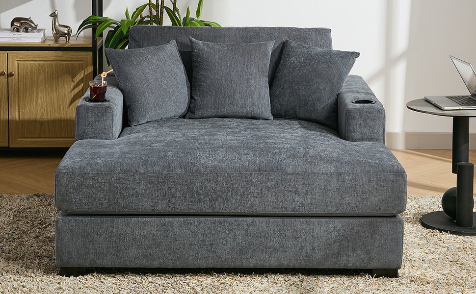 Roomfitters Oversized Chaise Lounger Sofa Couch, Upholstered Accent Chair Charge Station Cup Holders, Blue Gray