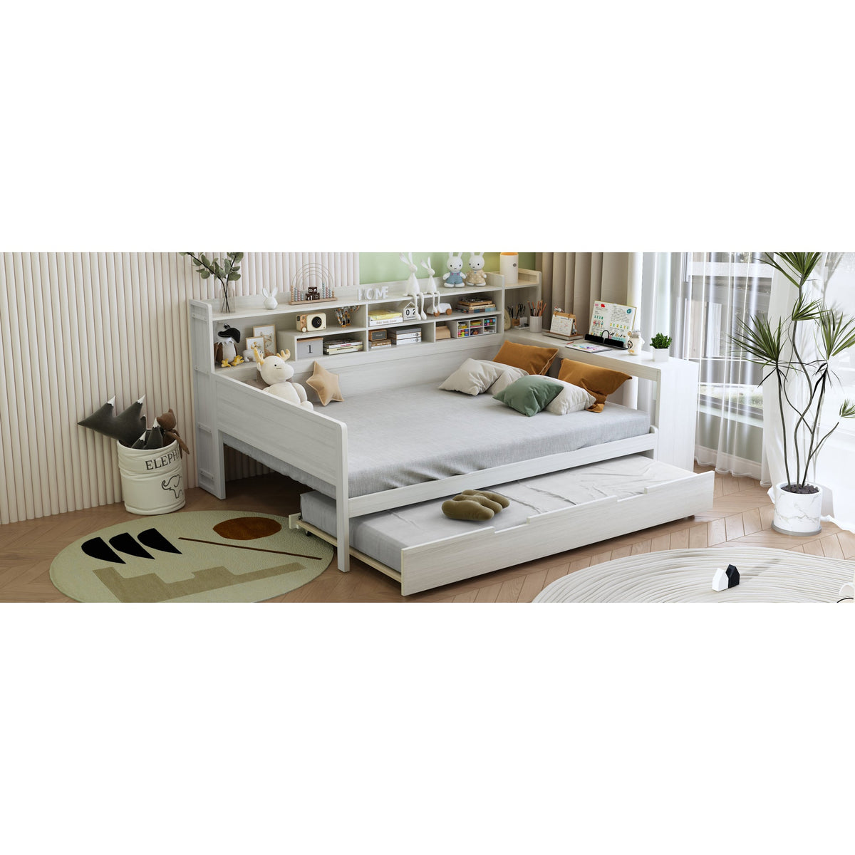 Roomfitters Wooden Full Size Daybed with Storage Shelves, Multi-functional Bed with Twin Size Trundle Bed and Study Desk, Antique White