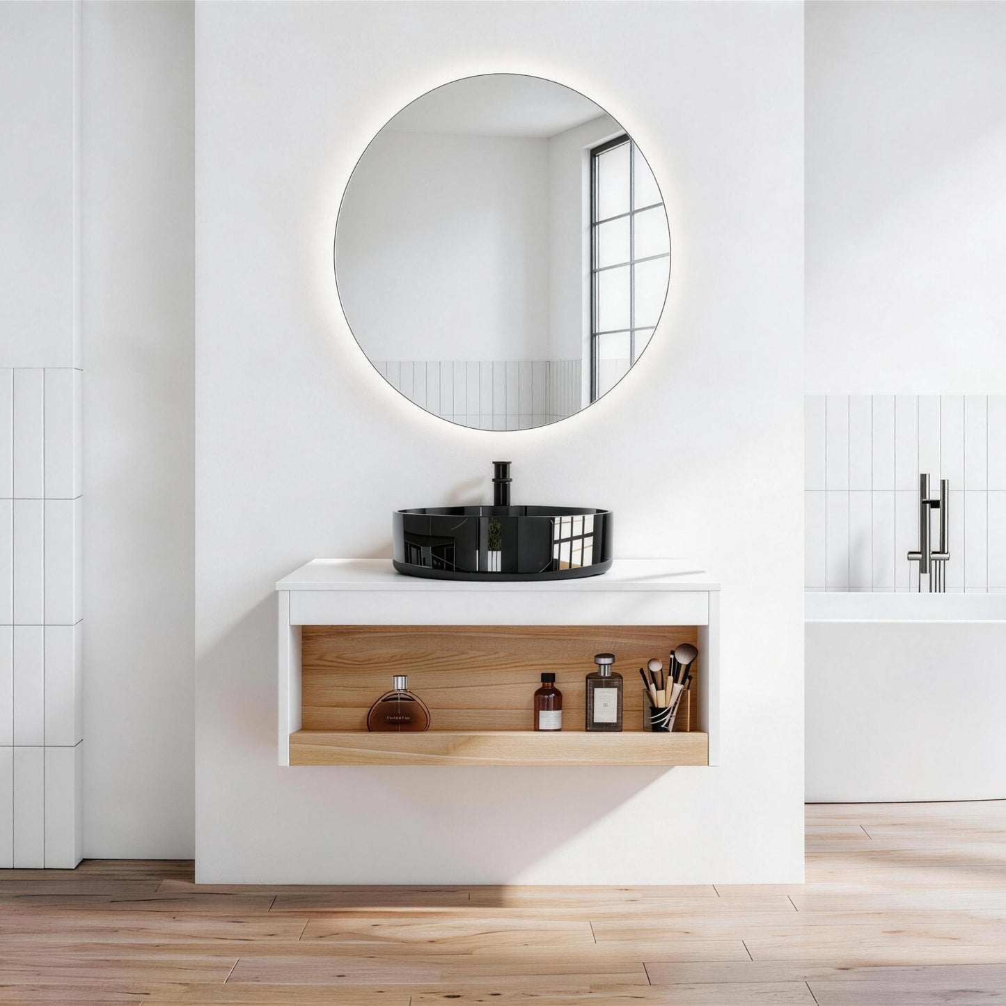 30" Floating Bathroom Vanity with Black Marble Vein Vessel Sink, Wall-Mounted Vanity with Open Shelf Storage, White Finish with Wood Accent, Space-Saving Modern Design (Ships in 2 Boxes)