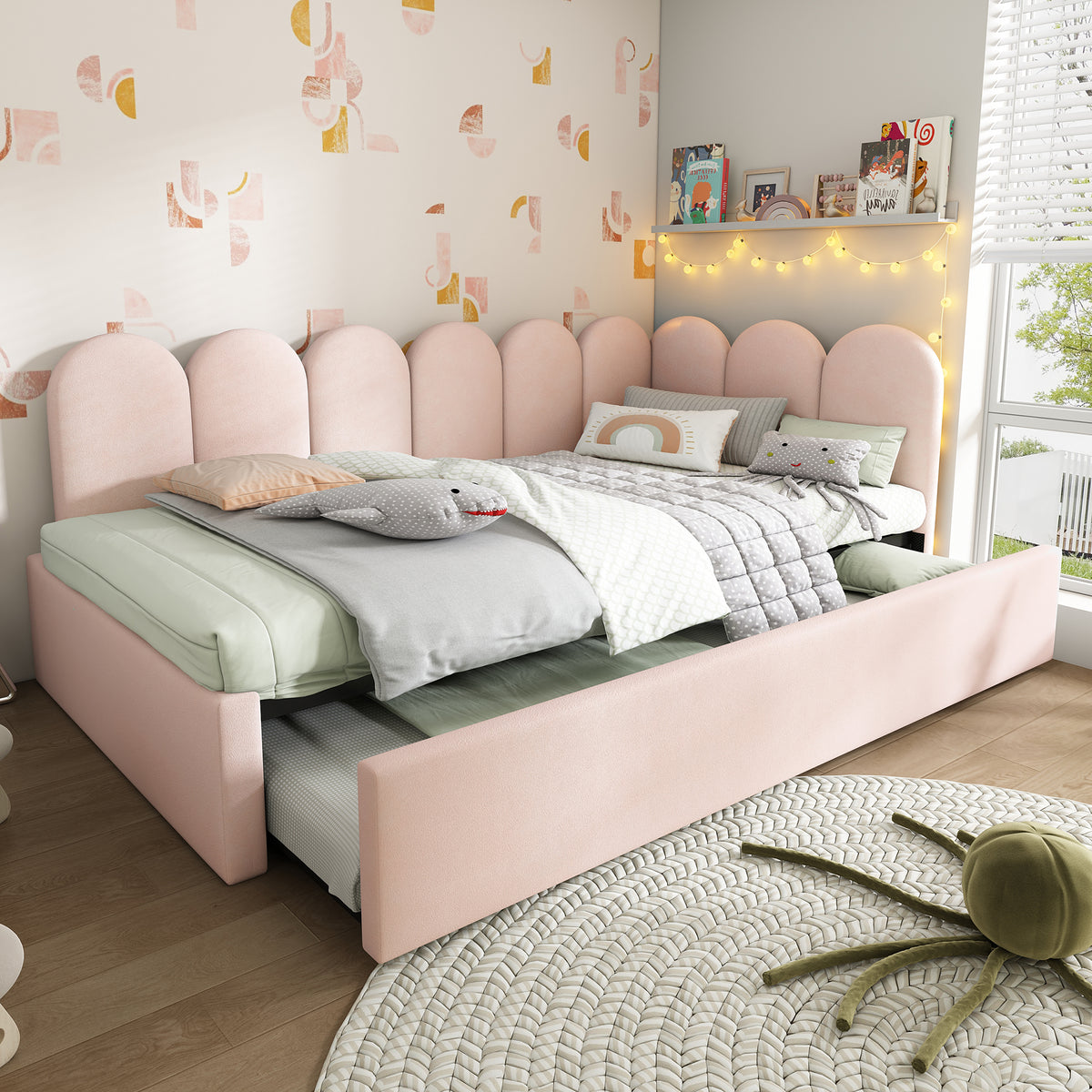 variant-group:rf-n736aa20362122p|Roomfitters Velvet Upholstered Twin Daybed with Pull Out Trundle, Sofa Bed with Metal Slat Frame, Pink