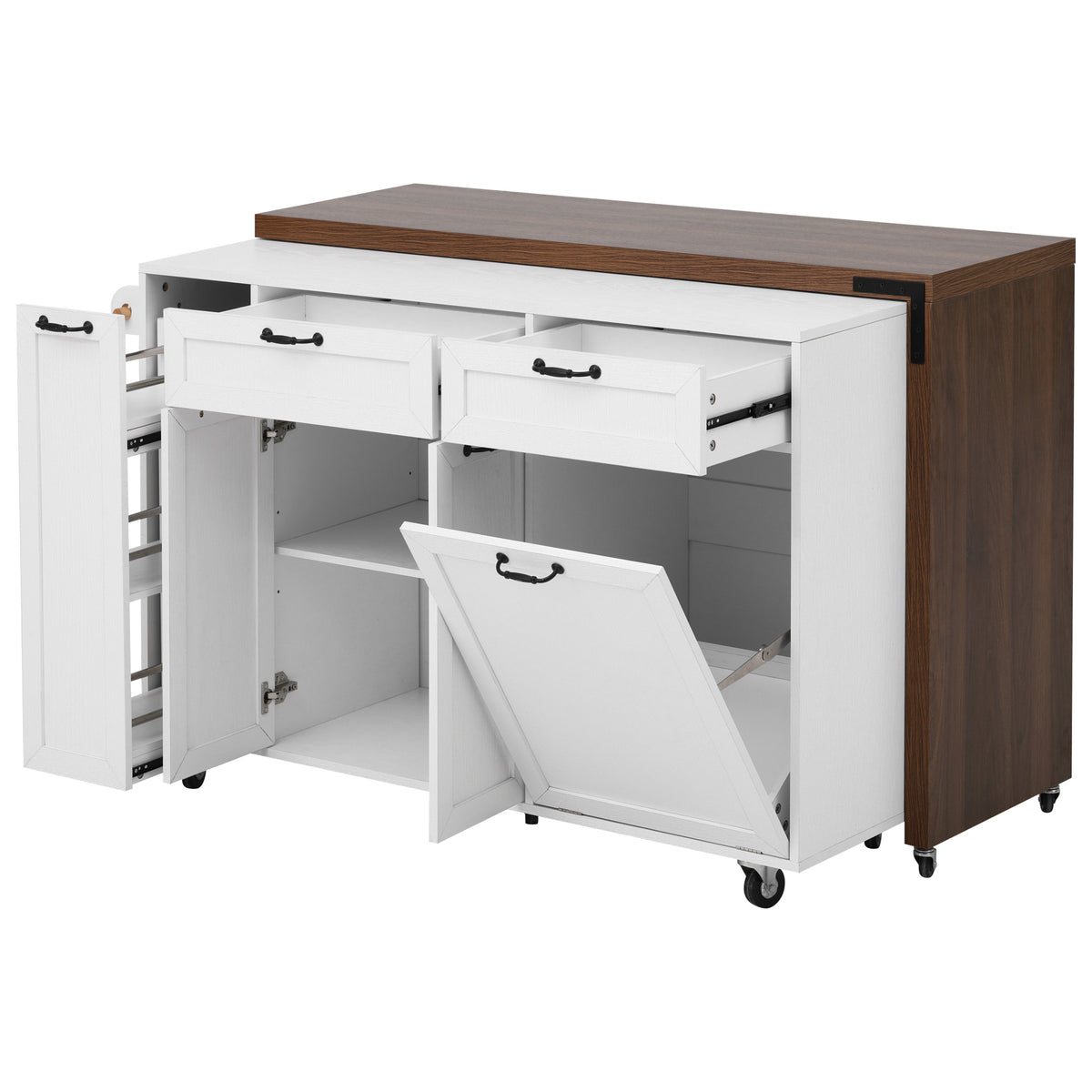 variant-group:rf-n707s000026w|Roomfitters 102.3" Kitchen Island with Tilt Out Trash Can Cabinet, Rolling Storage Cart, Slide-out Spice Rack, White