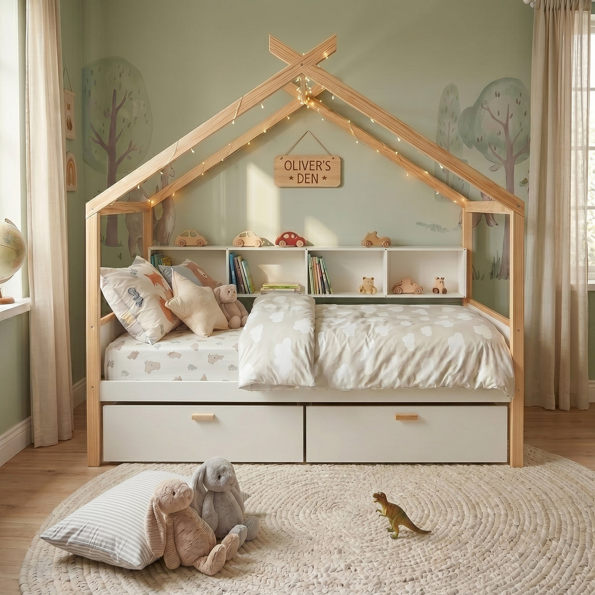 variant-group:rf-n701p443466k|Roomfitters Twin Size Wooden House Bed Frame with 2 Drawers, Bookshelf Storage Furniture, No Box Spring, White Natural