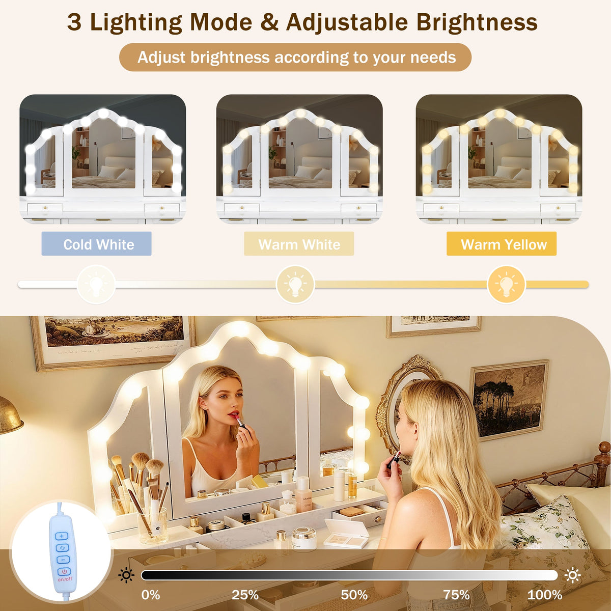 Roomfitters 44.37" Makeup Vanity with Lighted Tri-fold Mirror, French Vintage Rattan Dressing Table, Drawers and Stool, White Roomfitters