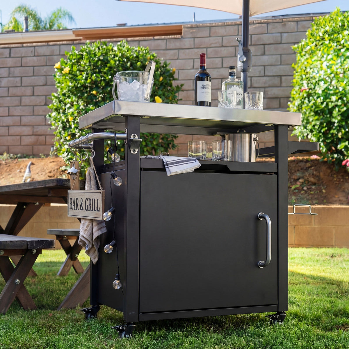 Roomfitters 39.5" Grill Cart with Stainless Steel Top, Outdoor Kitchen Island, BBQ Prep Station with Trash Bag Holder, Black