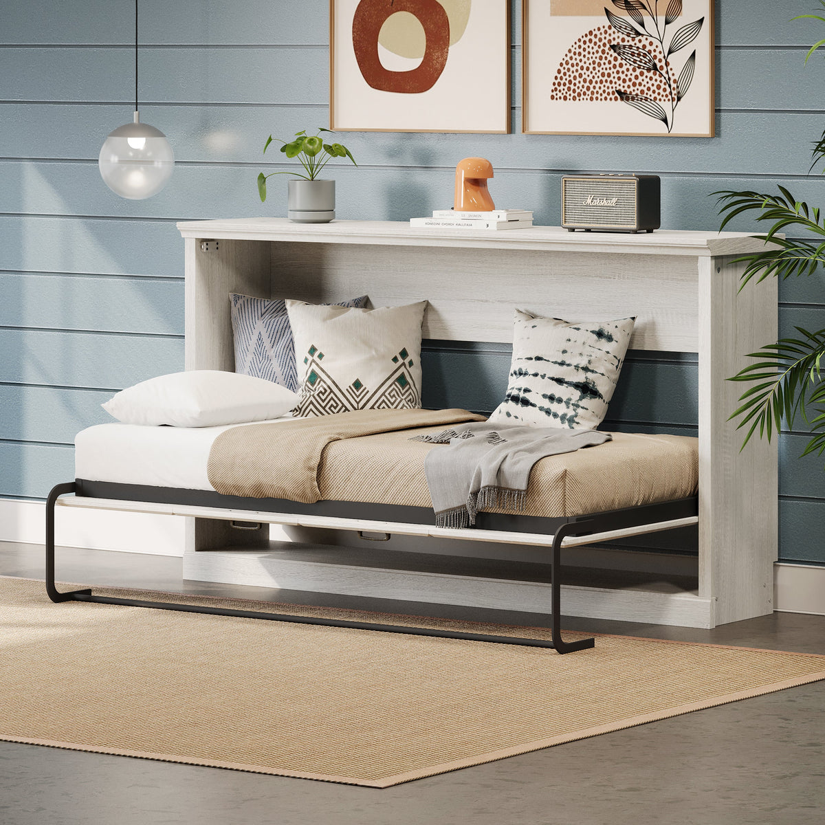 Roomfitters Twin Size Horizontal Murphy Bed Frame, Hideaway Cabinet Wall Bed, Dual Piston System Guest Room, Rustic White Roomfitters
