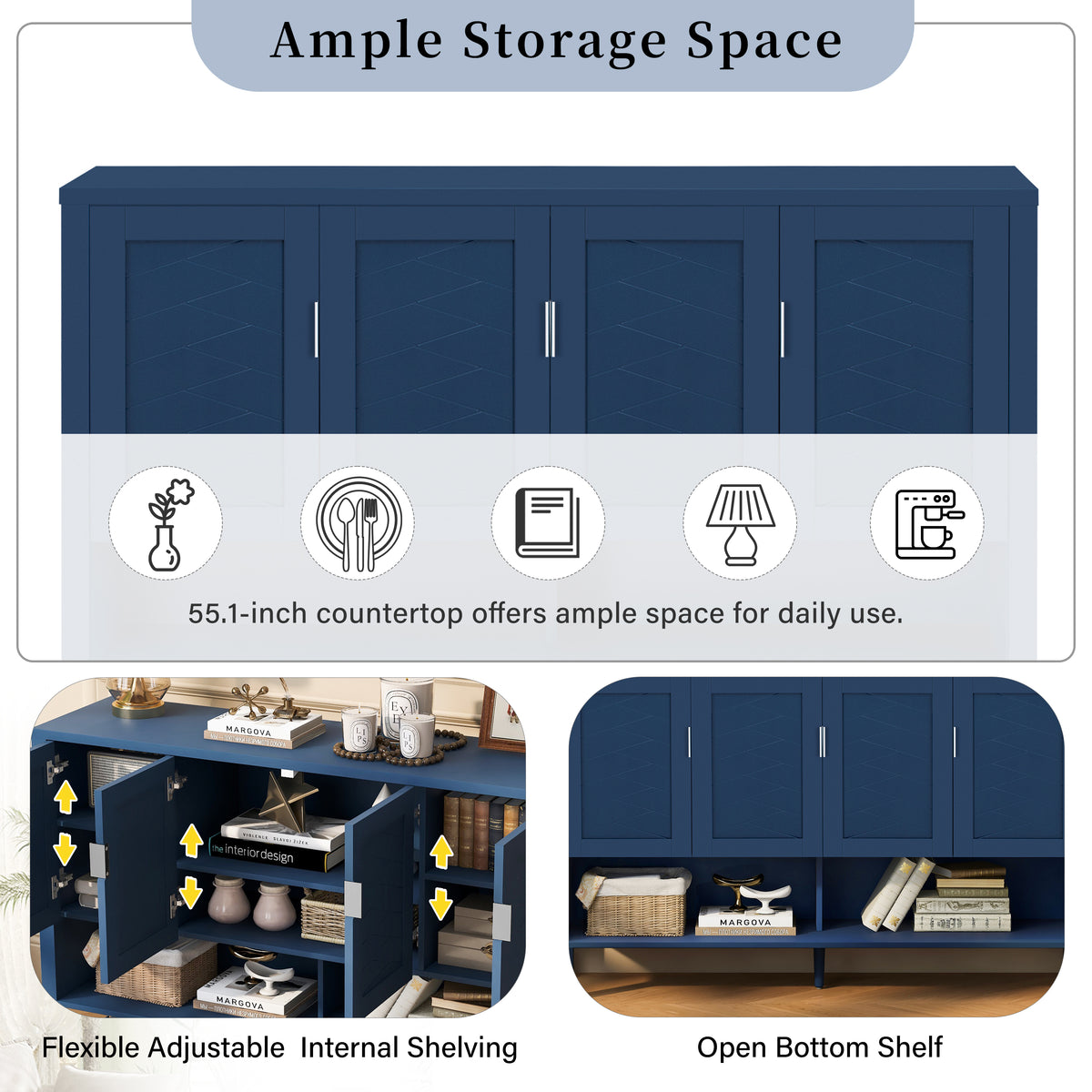 variant-group:rf-n711p345165v|Roomfitters Sideboard Buffet Cabinet with 4 Door Mid-century Modern Geometric Storage and Open Shelf for Kitchen & Dining, Blue