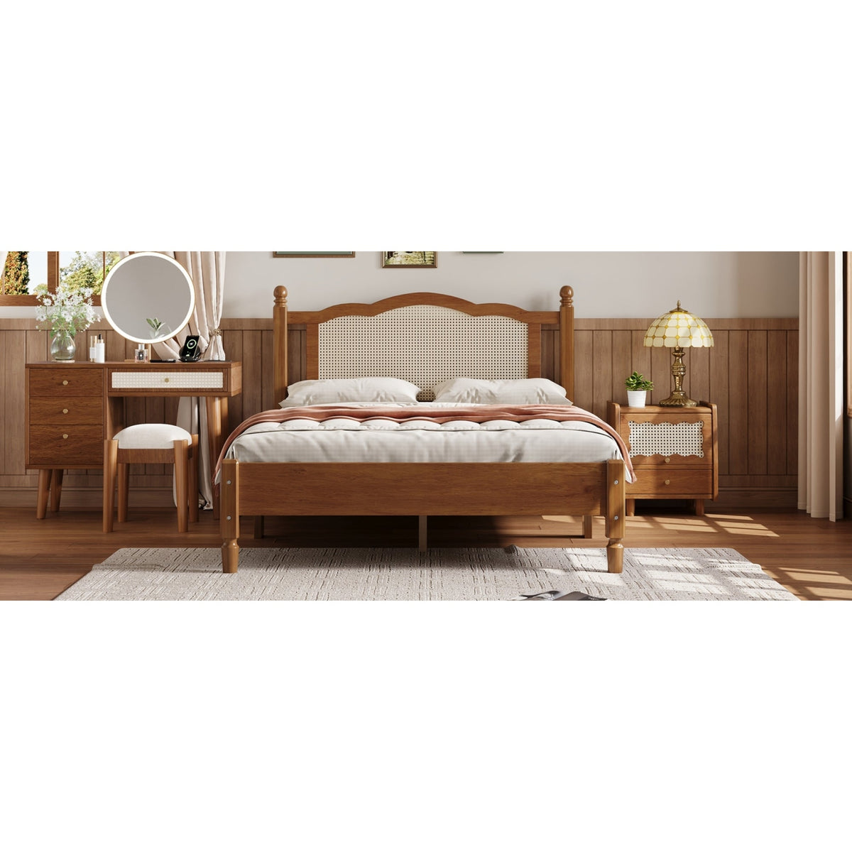 Roomfitters Full Size Wooden Platform Bed with Natural Rattan Headboard, Durable Vintage Bed Frame with Sturdy Wooden Slat Support for Rustic Sophistication, Walnut