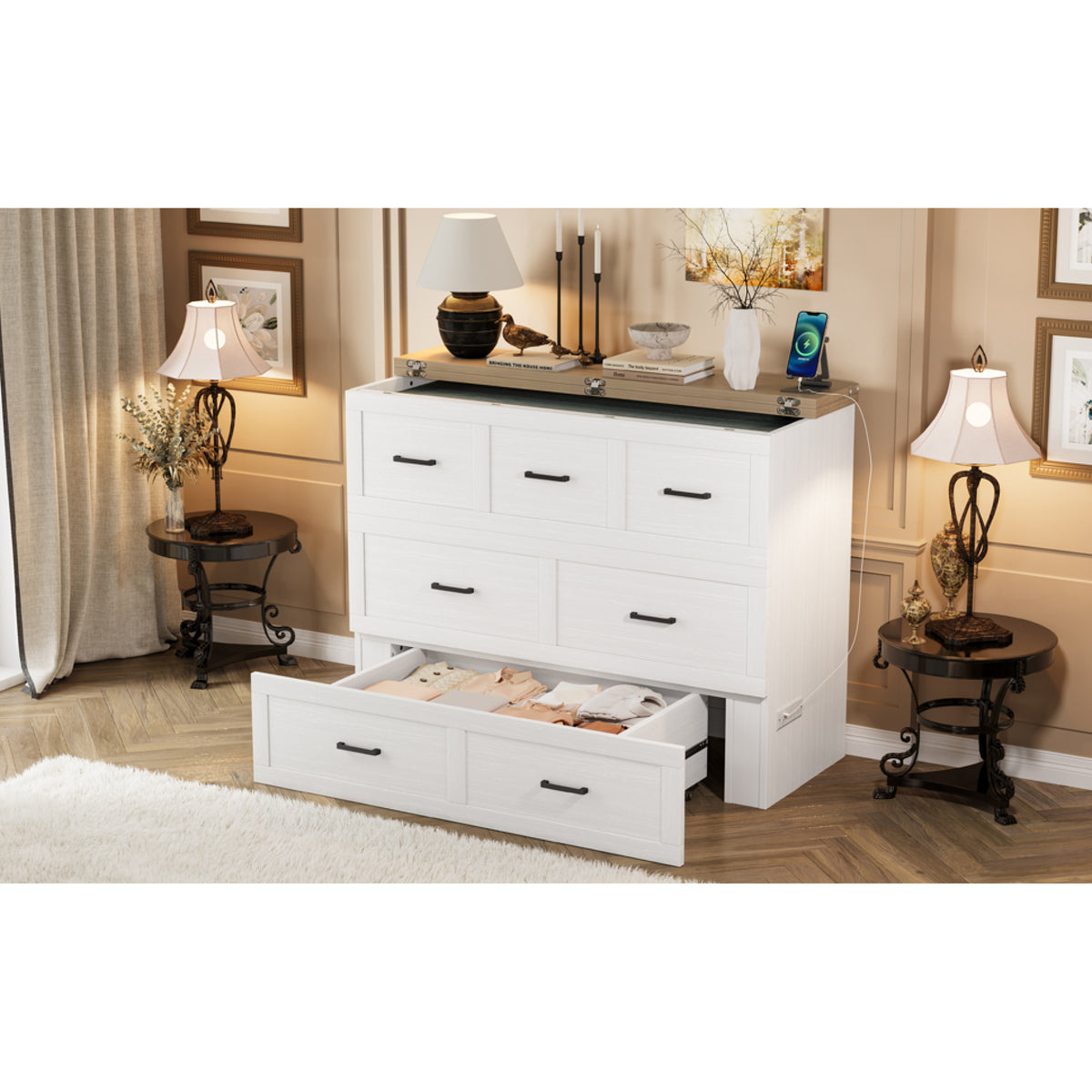 variant-group:rf-n733s293995w|Roomfitters Full Size Murphy Bed Cabinet with Charging Station, Foldable Platform Bed with Storage Drawer, White