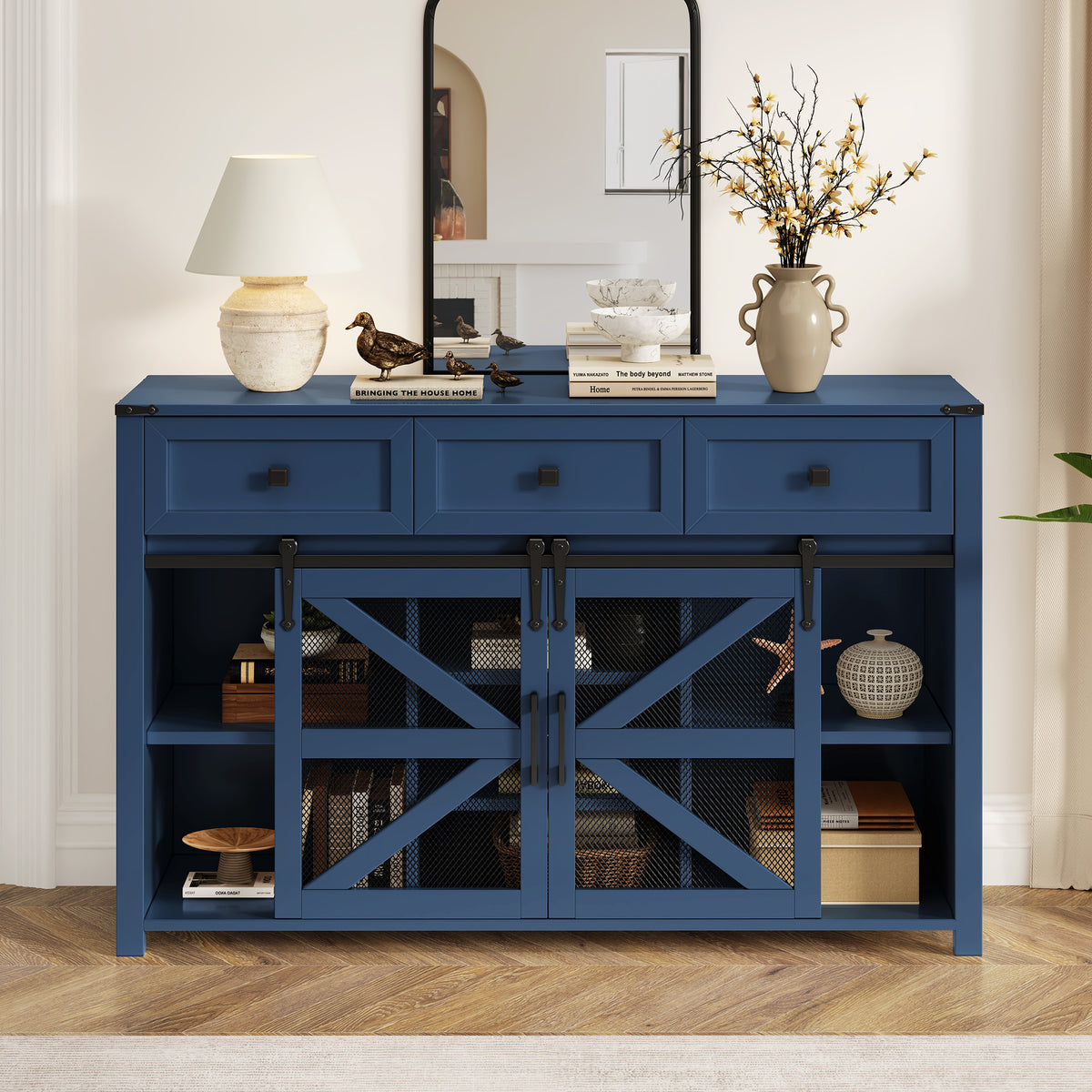 variant-group:rf-n711p347384v|Roomfitters 55" Sideboard Buffet Cabinet with 3 Drawers & Sliding Barn Doors, Farmhouse Storage for Kitchen & Dining, Navy Blue