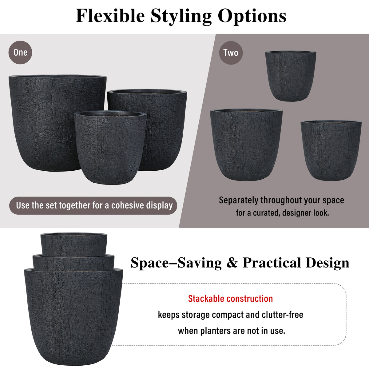 variant-group:rf-n711p406660b|Roomfitters Lightweight MGO Planter Set of 3, Round Weather Resistant Outdoor Indoor Flower Pots for Garden Patio, Black