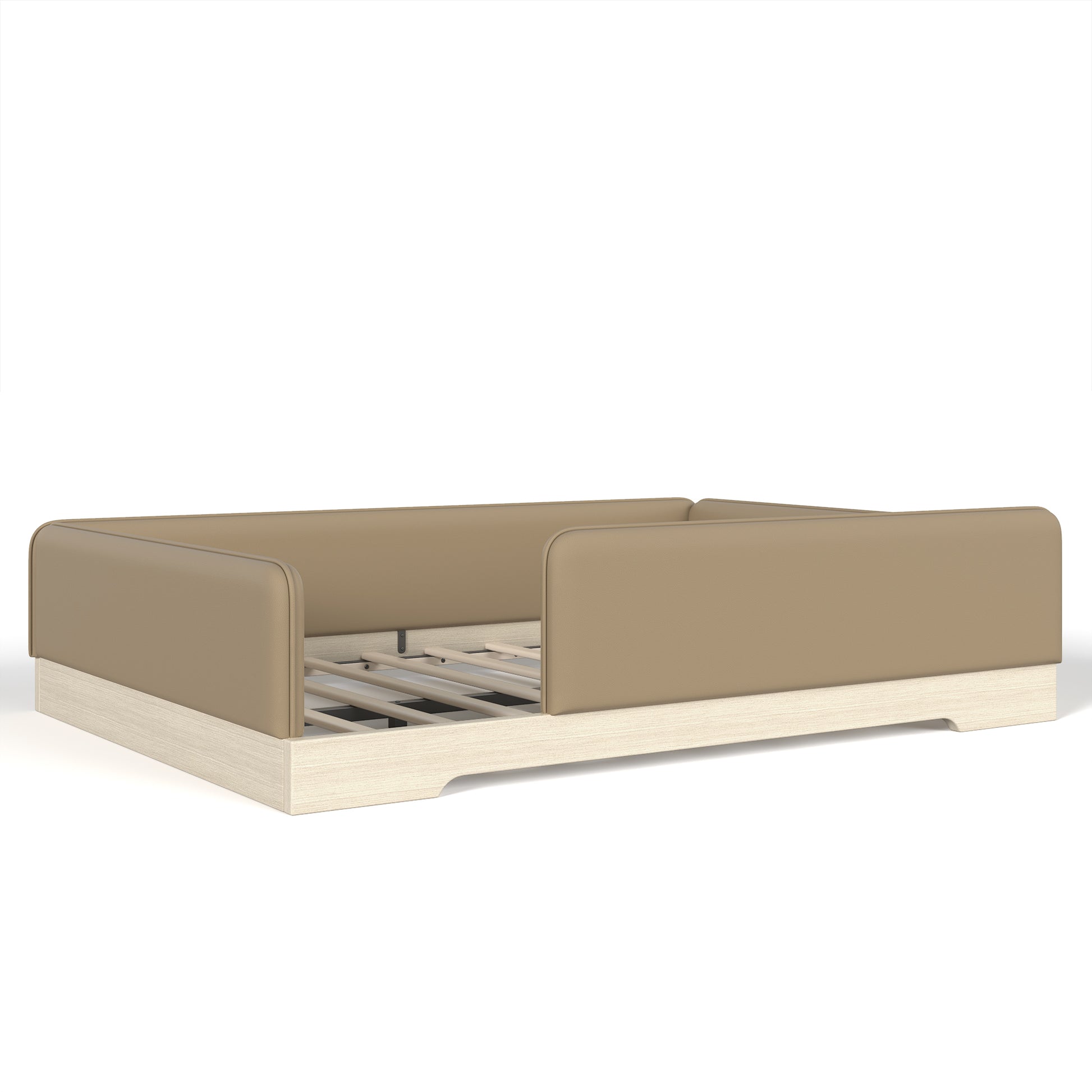 variant-group:rf-w1580s00672|Roomfitters Queen Size Upholstered Floor Bed Frame with Removable Guardrails, Faux Leather Low Profile Platform, Brown