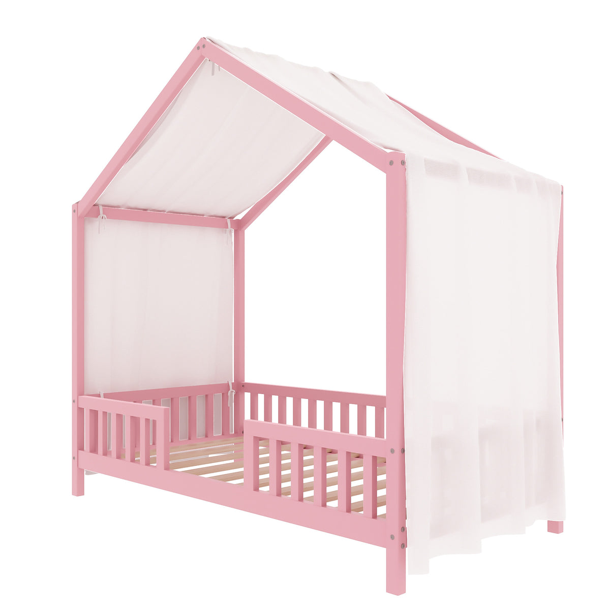 variant-group:rf-n733p356043h|Roomfitters Twin Montessori Floor Bed with Canopy, House Shape Wood Frame with Safety Rails, Youth Platform Bed, Pink