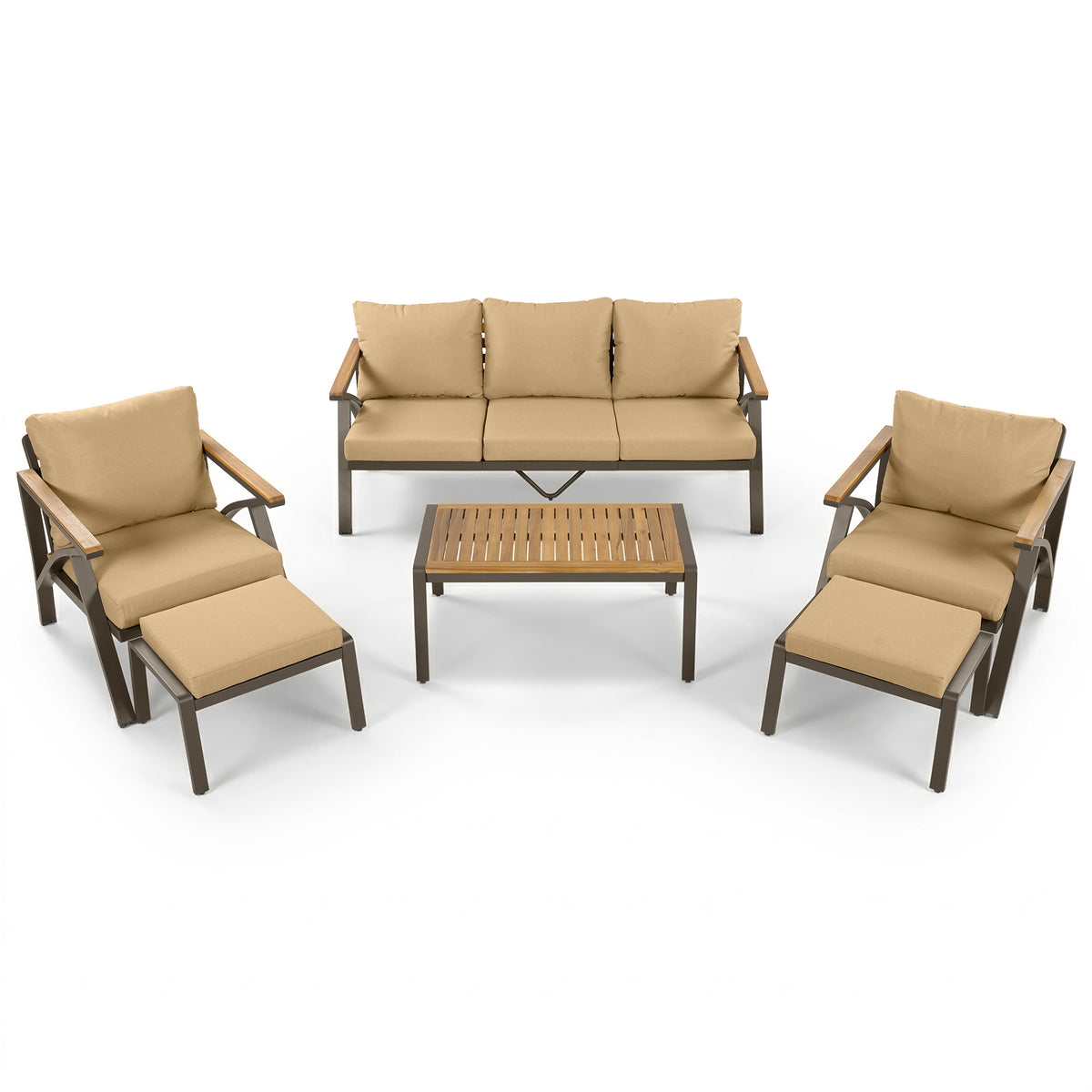 variant-group:rf-n704g201256d|Roomfitters 6-Piece Steel Conversation Set with 3-Seat Sofa Multi-Functional Ottomans and Acacia Wood Table Brown