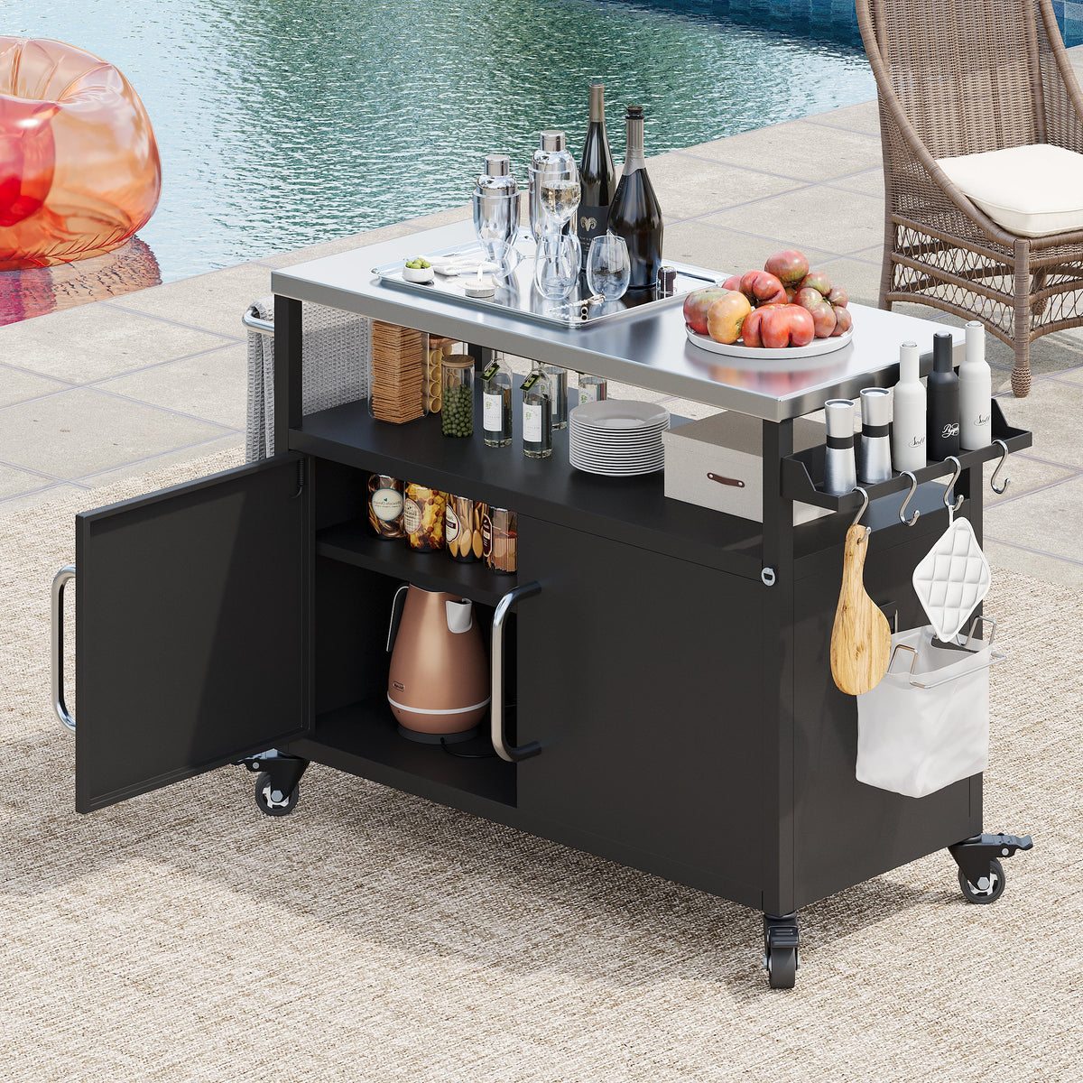 Roomfitters 54.5" Outdoor Kitchen Island with Stainless Steel Top, Rolling Grill Prep Cart with Propane Tank Storage, Black