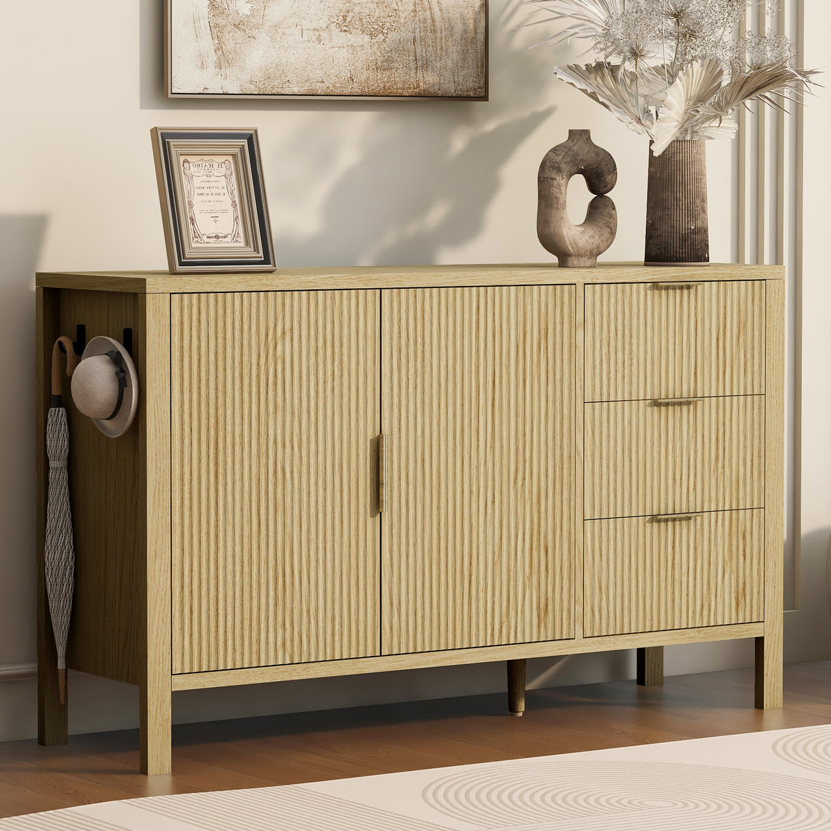 variant-group:rf-n711p345172o|Roomfitters Sideboard Buffet Cabinet with 3 Drawers, 2 Door Mid-century Fluted Accent Storage for Kitchen & Dining, Natural
