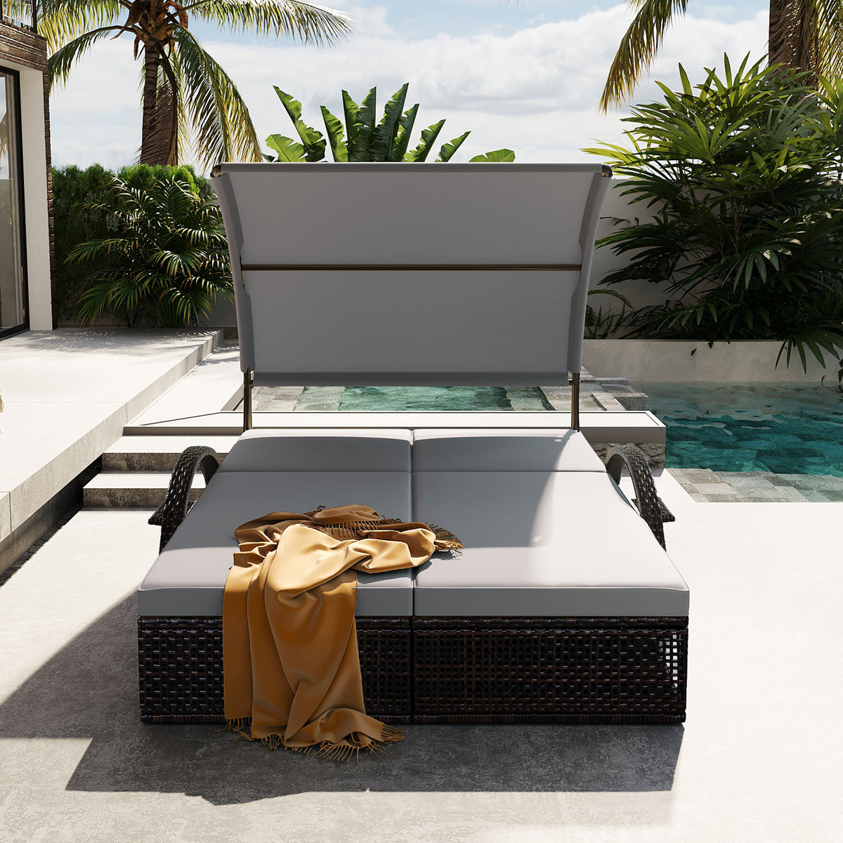 variant-group:rf-n711wy000485aae|Roomfitters Slate Grey HDPE Wicker Outdoor Double Sunbed, Steel Frame Patio Chaise, Hidden Side Tables, Canopy