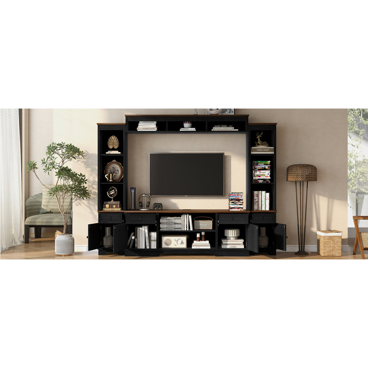 variant-group:rf-n724sj000154aab|Roomfitters 98.8"W Farmhouse Wall Unit Entertainment Center, 4 Barn Doors, Black & Brown